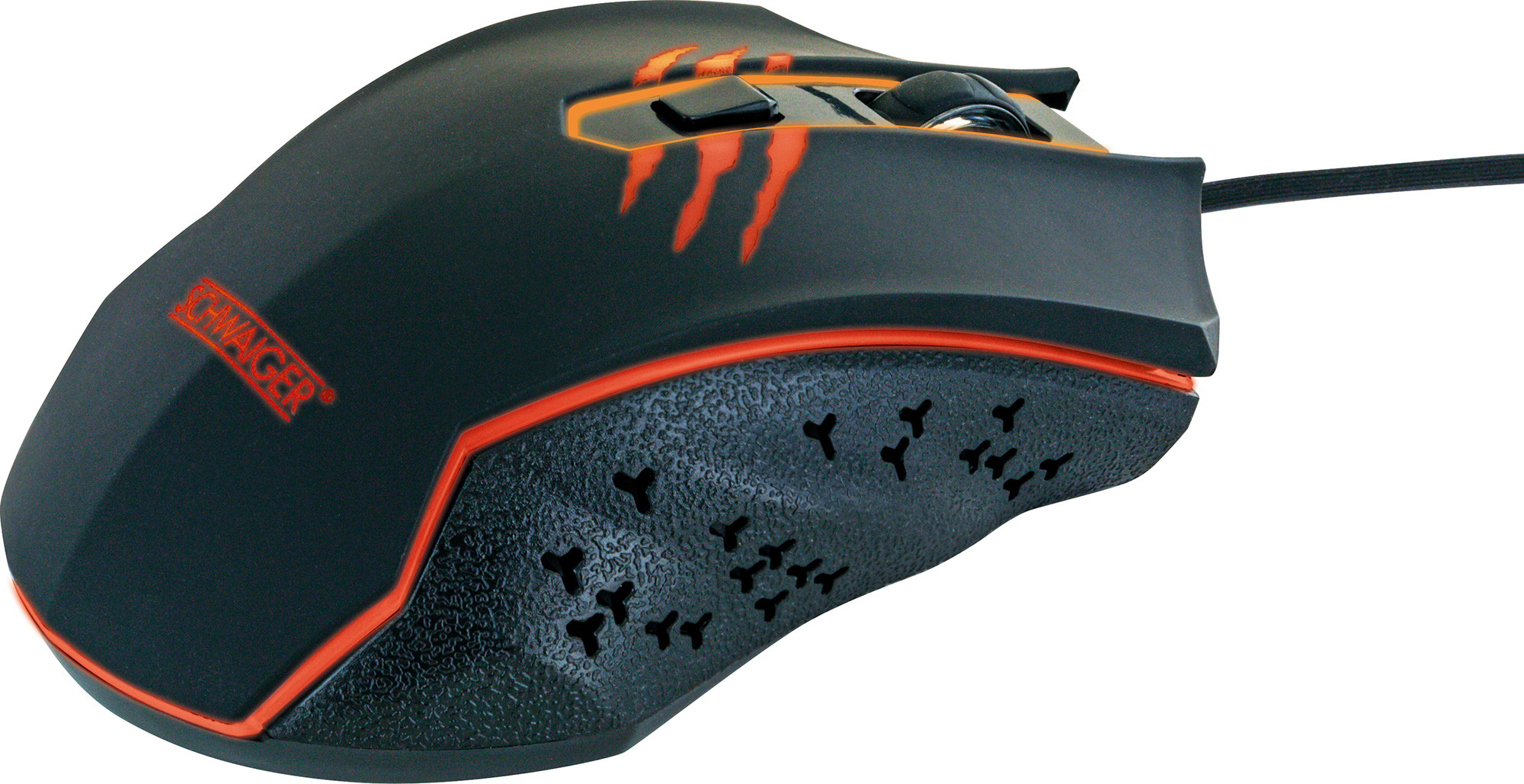 Schwarze und orangefarbene Gaming-Maus mit dem Markennamen 'Schwager'.