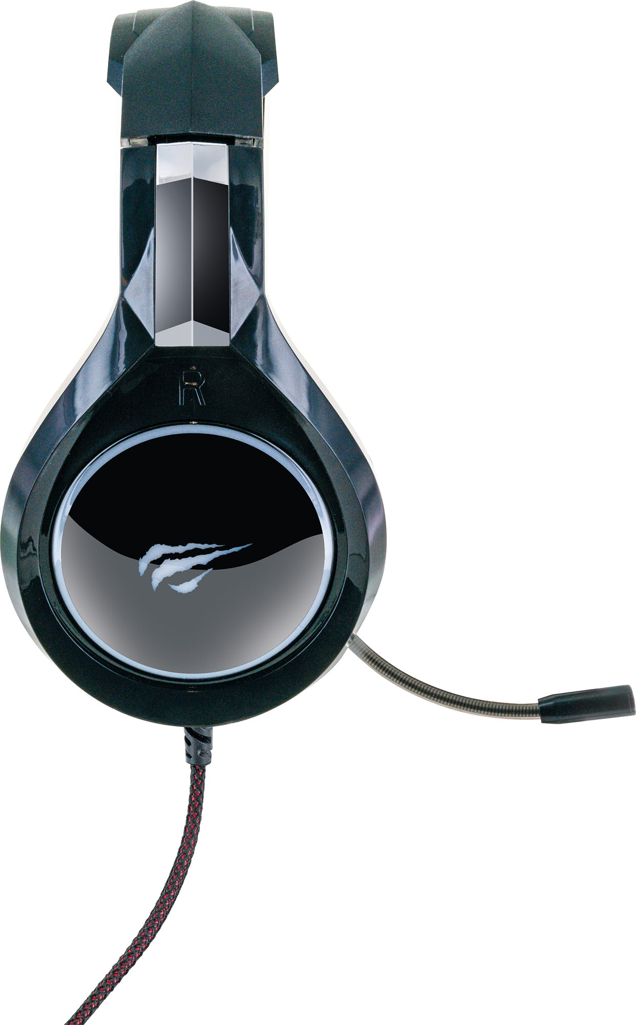Schwarzes und graues Gaming-Headset mit Mikrofon. Weißer Hintergrund.