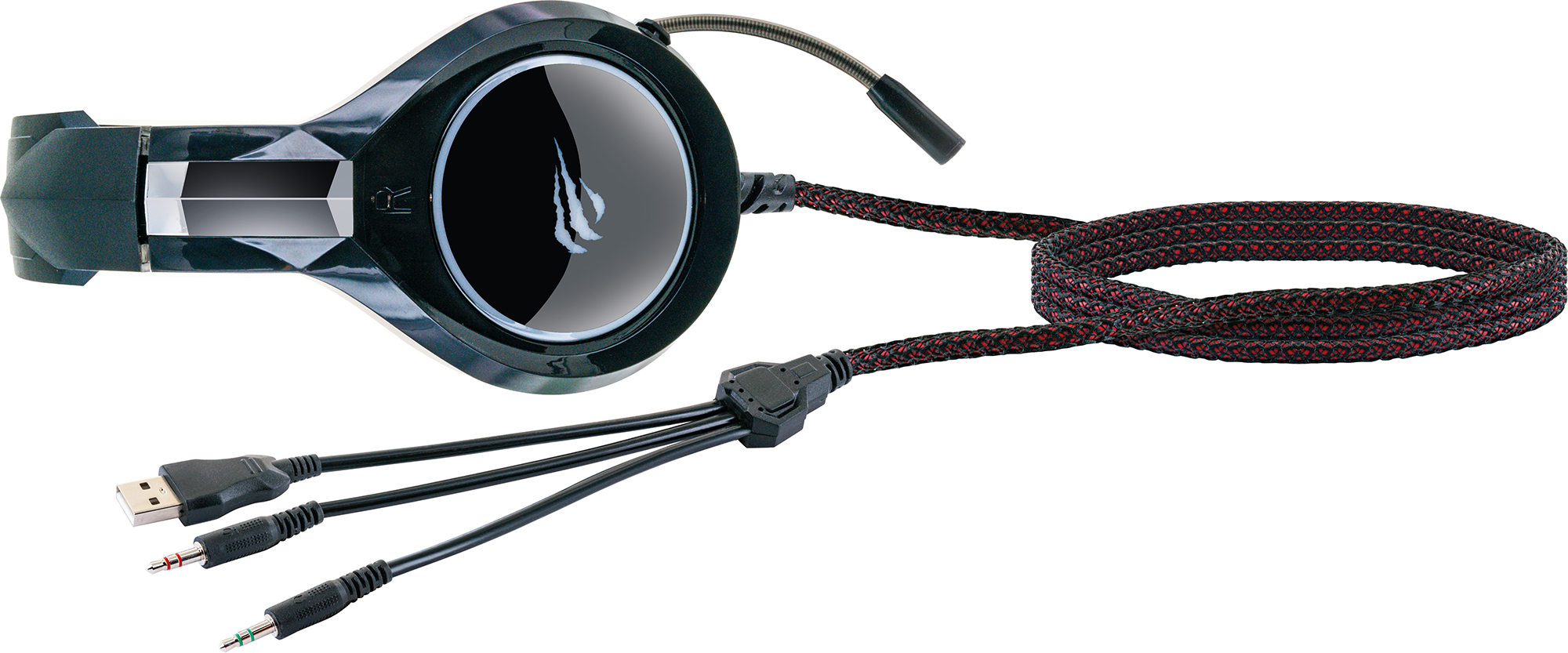 Schwarzes und graues Headset mit mehreren Anschlüssen.