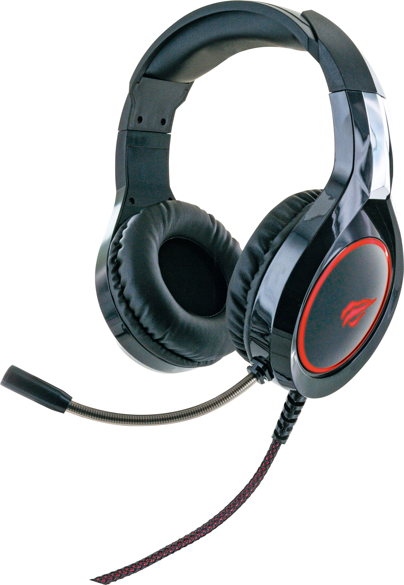 Schwarzes Gaming-Headset mit Mikrofon. Rote Akzente an den Ohrmuscheln.