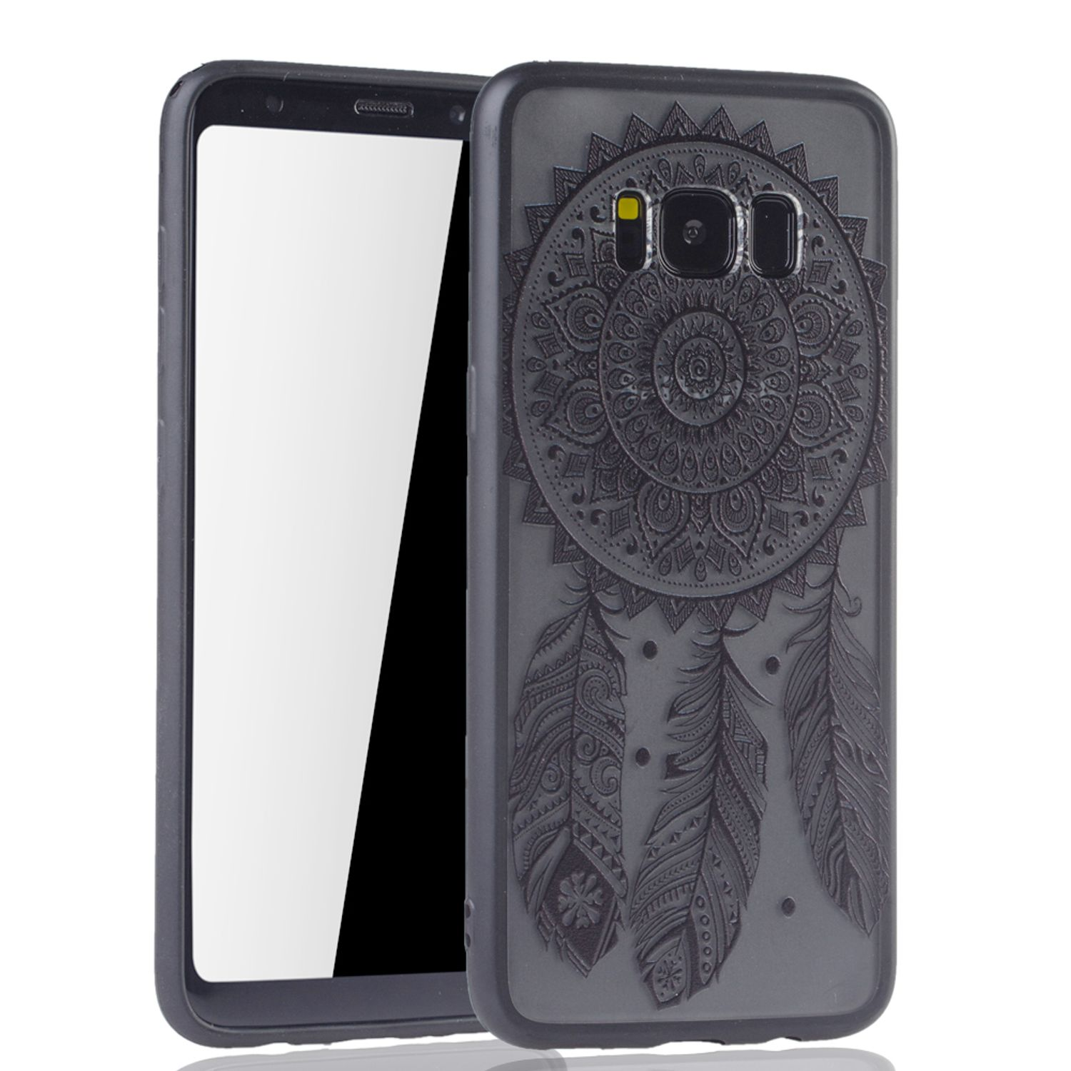 Eine schwarze Handyhülle mit Traumfänger-Design, auf weißem Hintergrund.