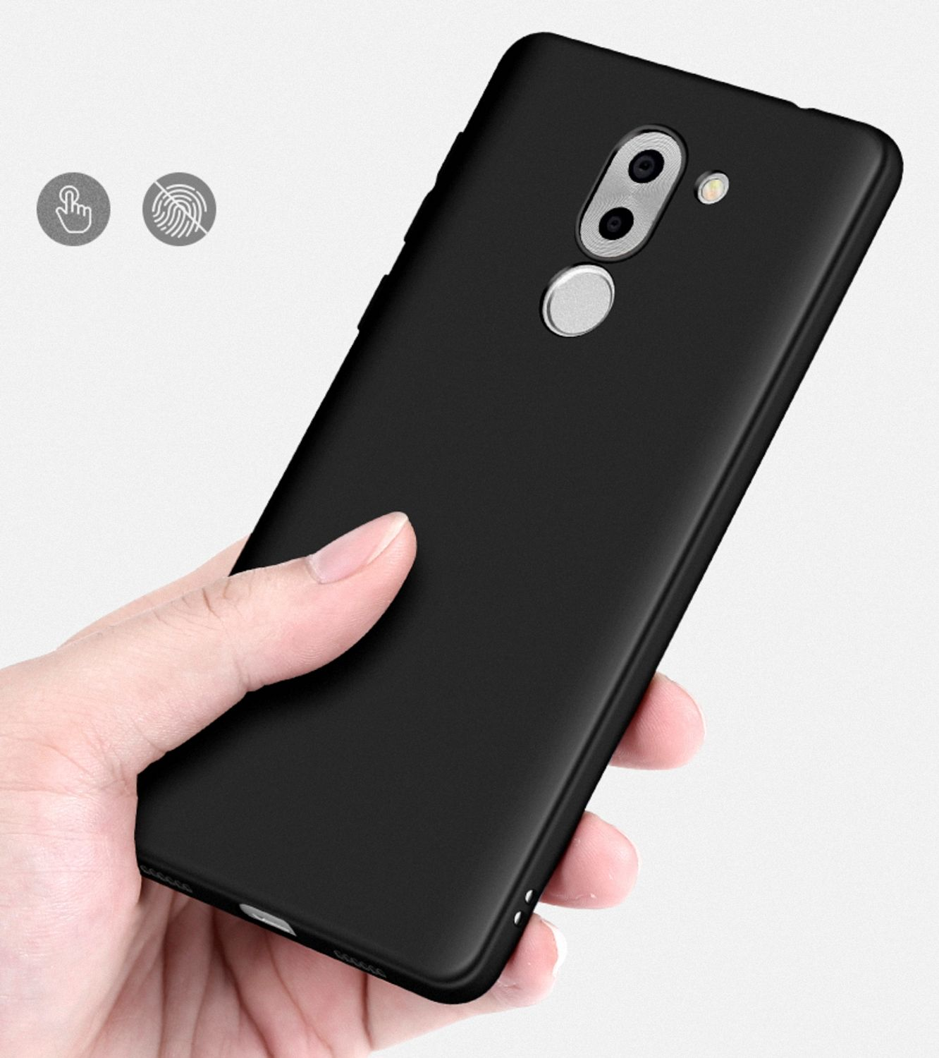 Hand hält ein schwarzes Telefon, mit Kamera- und Fingerabdrucksymbol.