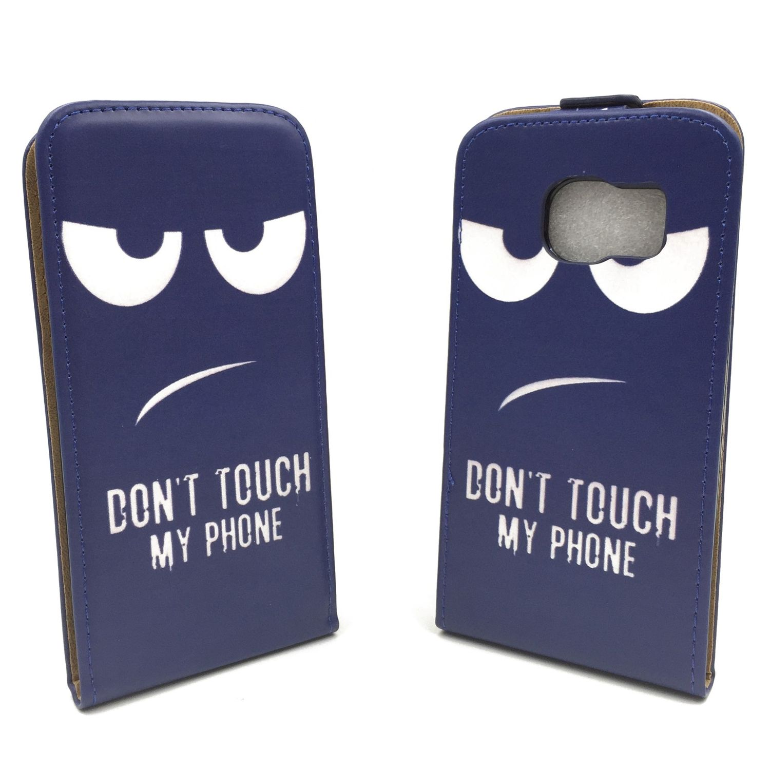 Blaue Handyhülle mit einem Gesicht, das sagt: 'Berühren Sie mein Handy nicht'.