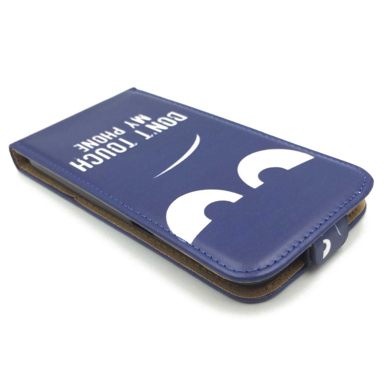 Blaue Handyhülle mit weißen Augen und Text: DON'T TOUCH MY PHONE. Weißer Hintergrund.