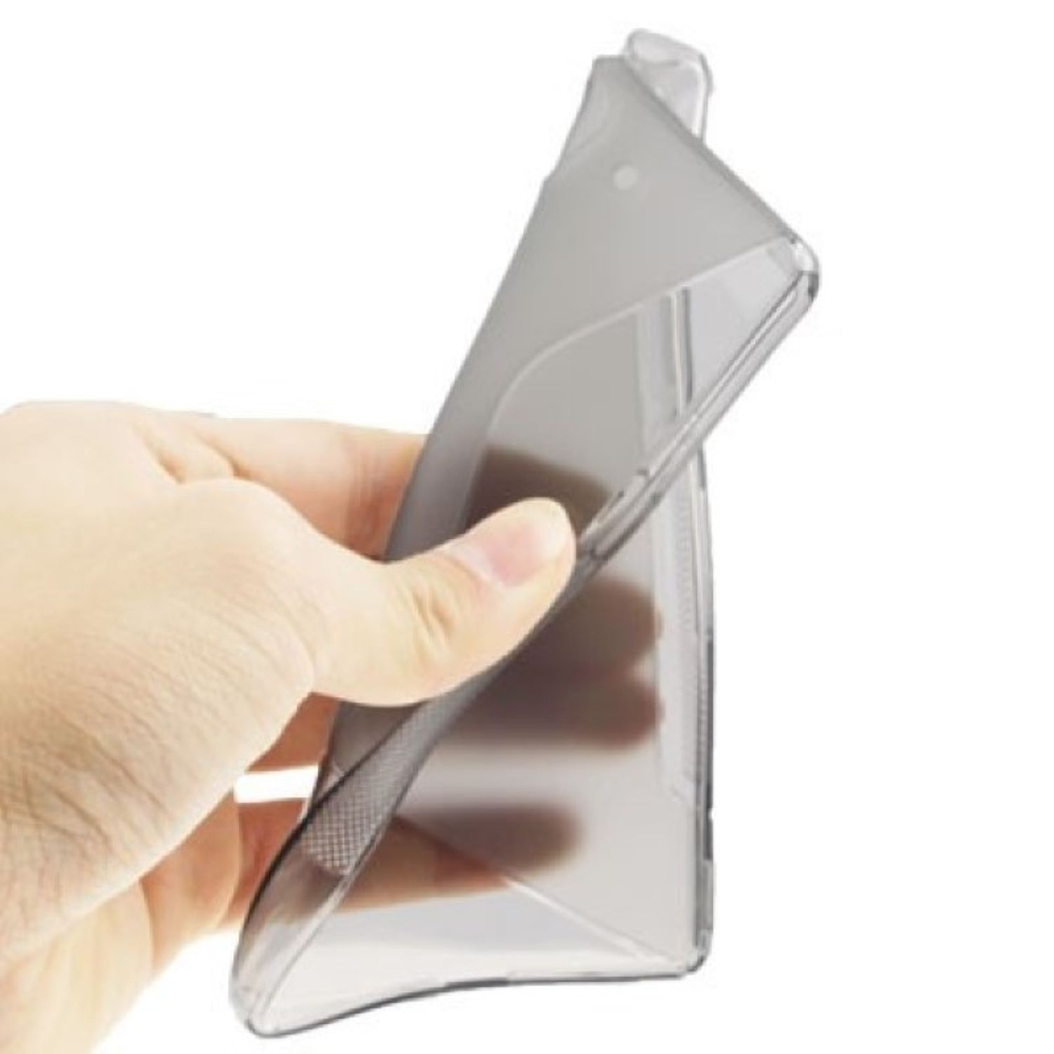 Hand, die eine transparente Handyhülle hält.