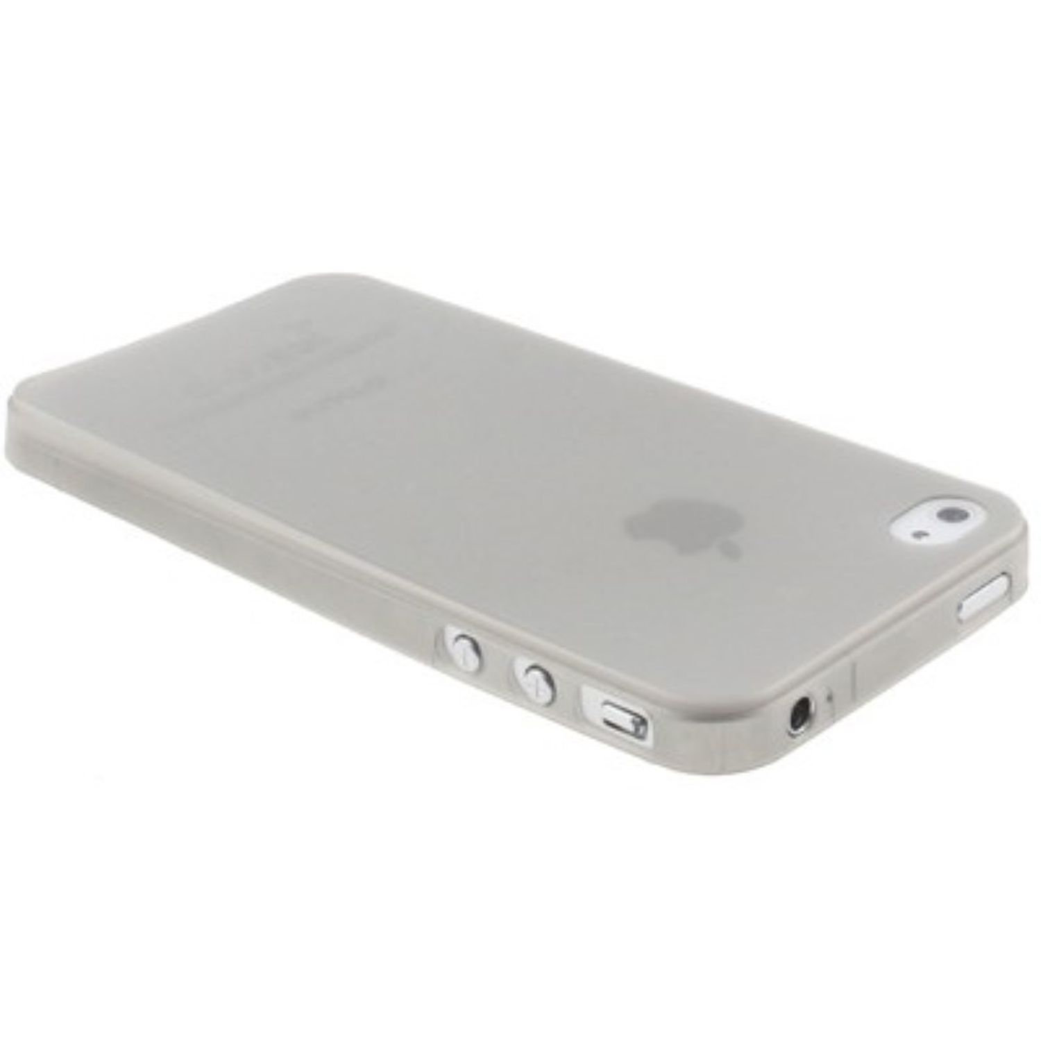 Graue Handyhülle mit Apple-Logo, zeigt die Rückseite des Telefons, isoliert auf Weiß.