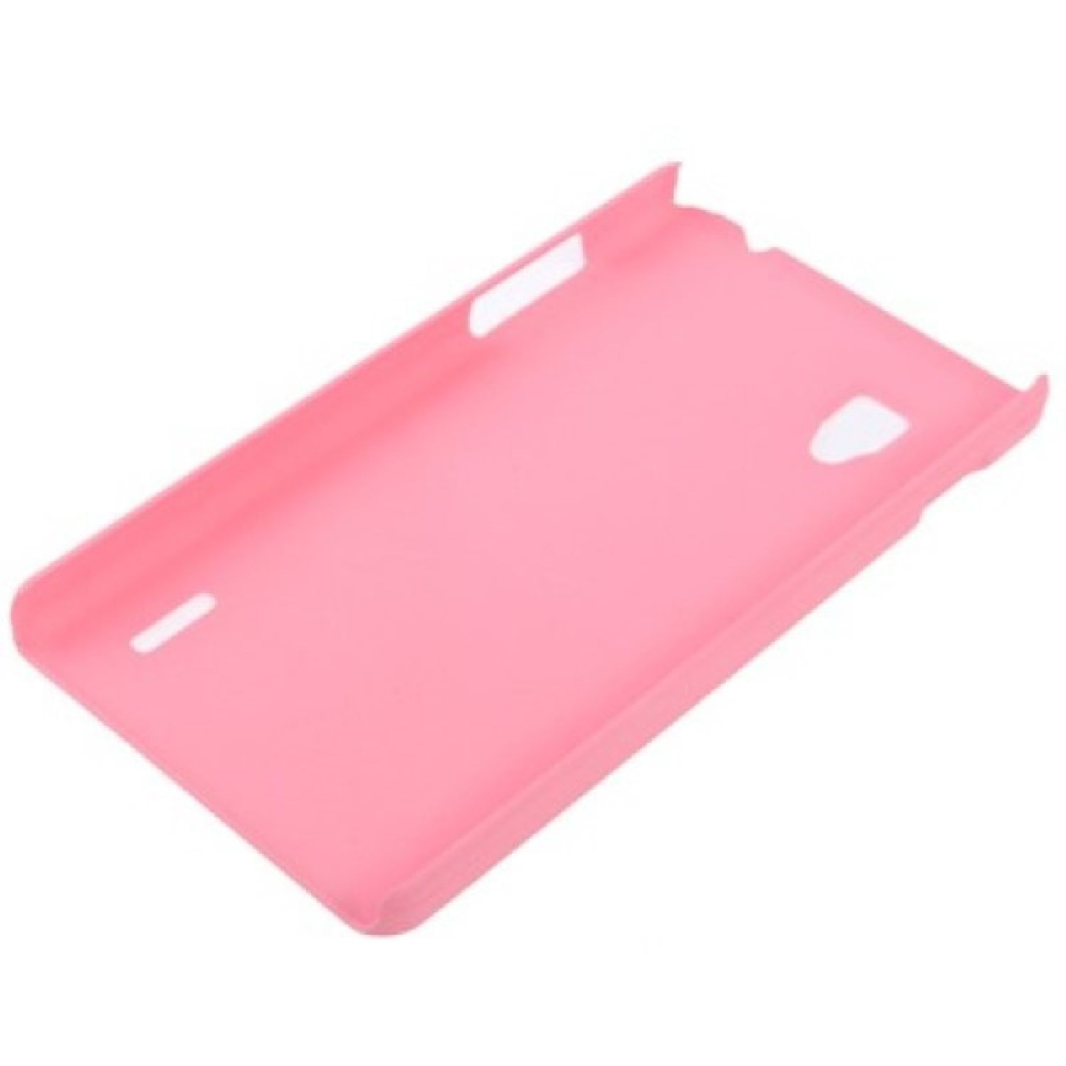 Pinke Handyhülle mit Aussparungen, leer, auf weißem Hintergrund, schräge Ansicht.