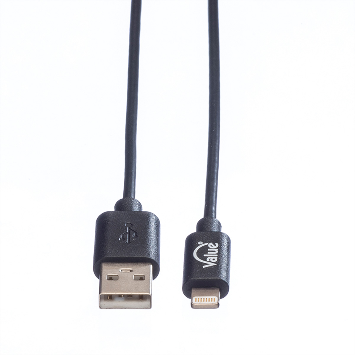 Twee zwarte USB-kabels. Eén met een USB-poort, de andere met een lightning-connector, beide op witte achtergrond.