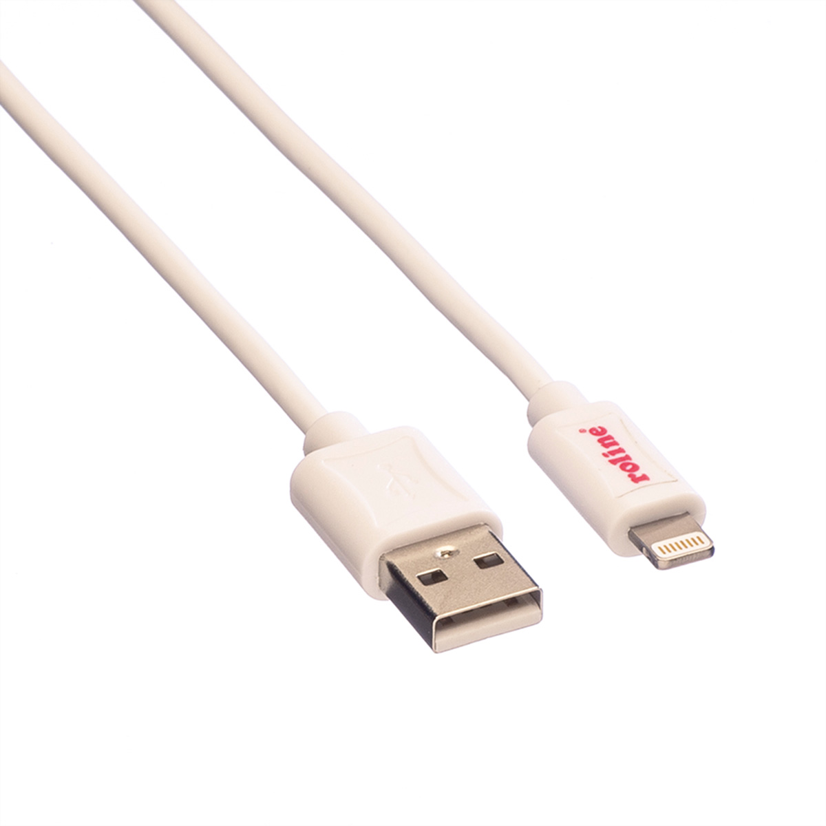 Witte USB naar Lightning kabel, met merknaam op de Lightning-kant.
