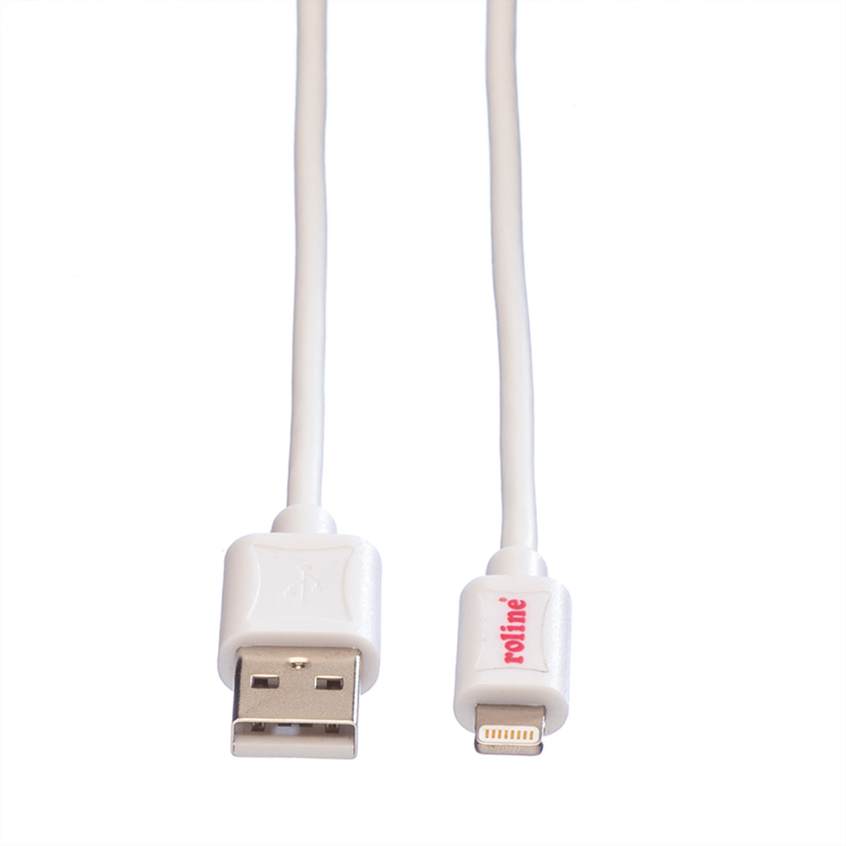 Twee witte oplaadkabels, USB naar lightning. Roline logo op de lightning kant.