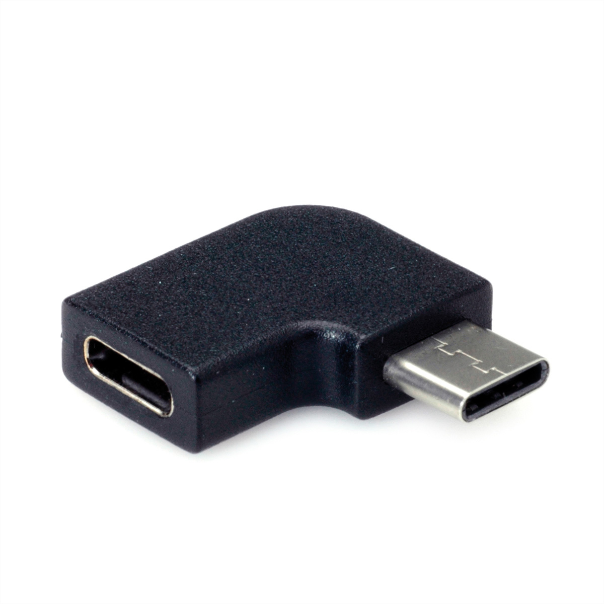 Adaptateur USB-C noir, coudé, avec un port USB-C et un port USB-C, isolé sur fond blanc.