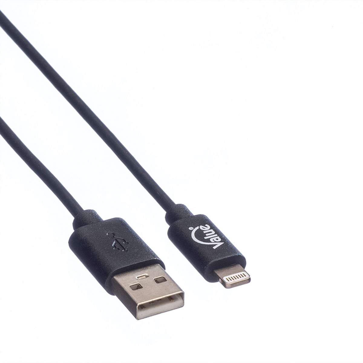 Zwarte USB naar Lightning kabel. USB links, Lightning rechts. Witte achtergrond.