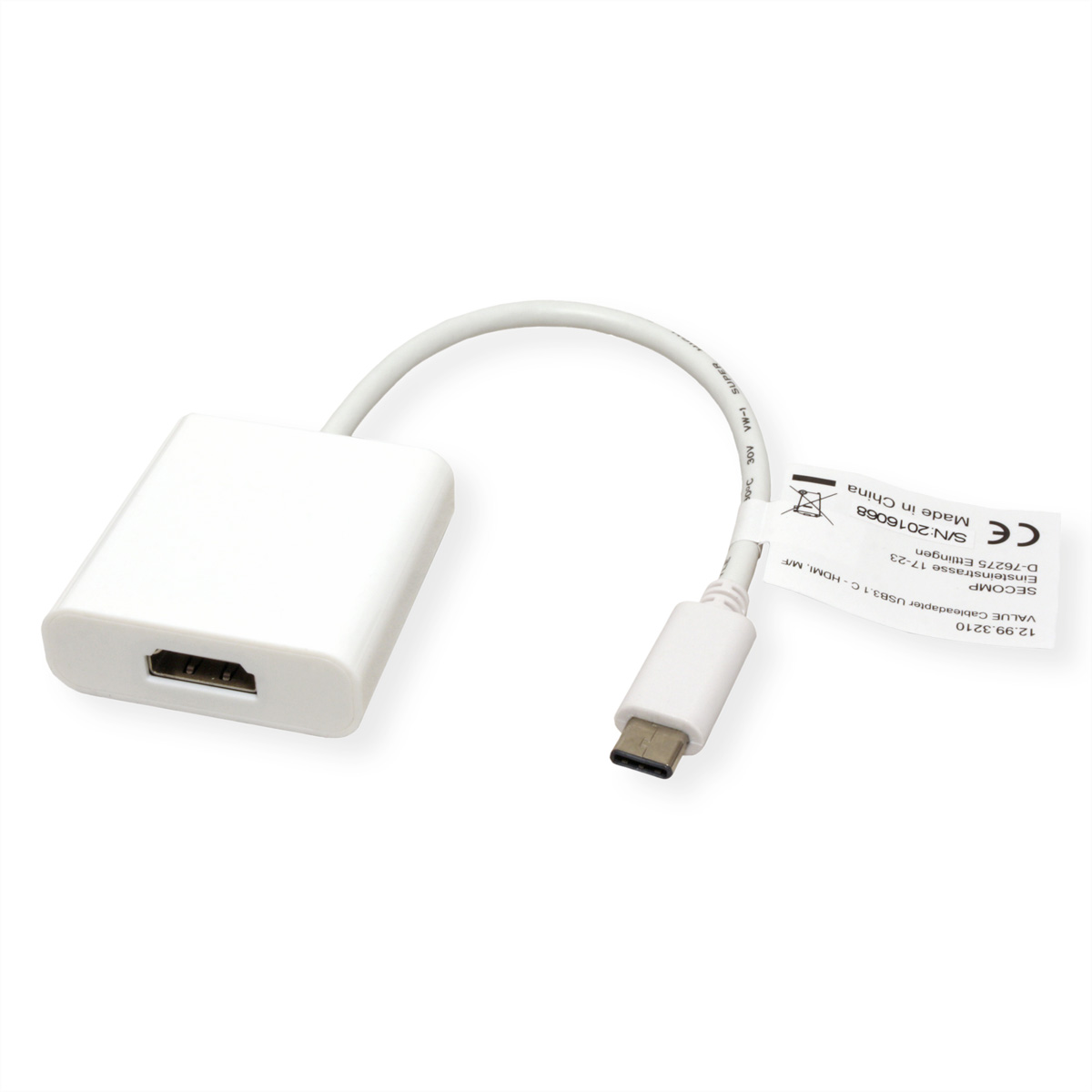 Câble adaptateur HDMI vers USB-C blanc. Le câble est blanc avec des étiquettes noires et blanches.