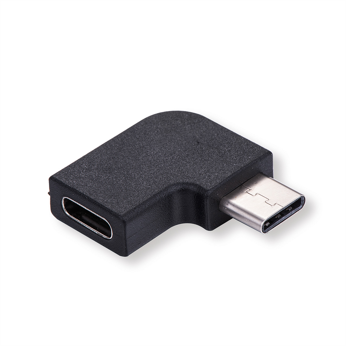 Un adaptateur USB-C noir. Il a une conception à angle droit avec des ports USB-C et USB.