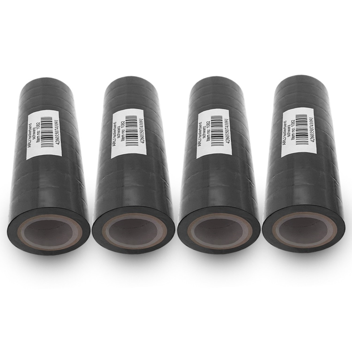 Vier schwarze Rollen Isolierband. Weißer Hintergrund.