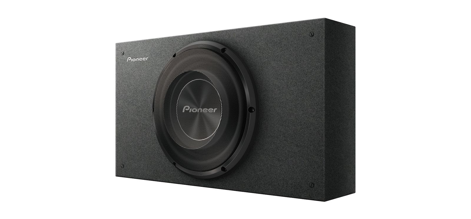 Schwarzer Subwoofer-Lautsprecher mit Pioneer-Logo, auf weißem Hintergrund. Mit kreisförmigem Lautsprechergitter.