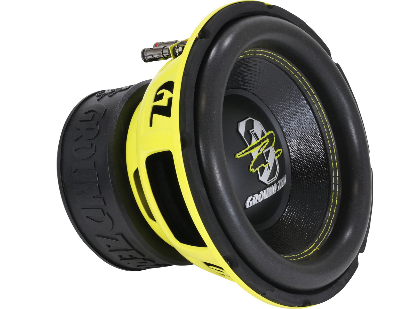 Gelb-schwarzer Subwoofer. Der Subwoofer hat einen schwarzen Lautsprecher.