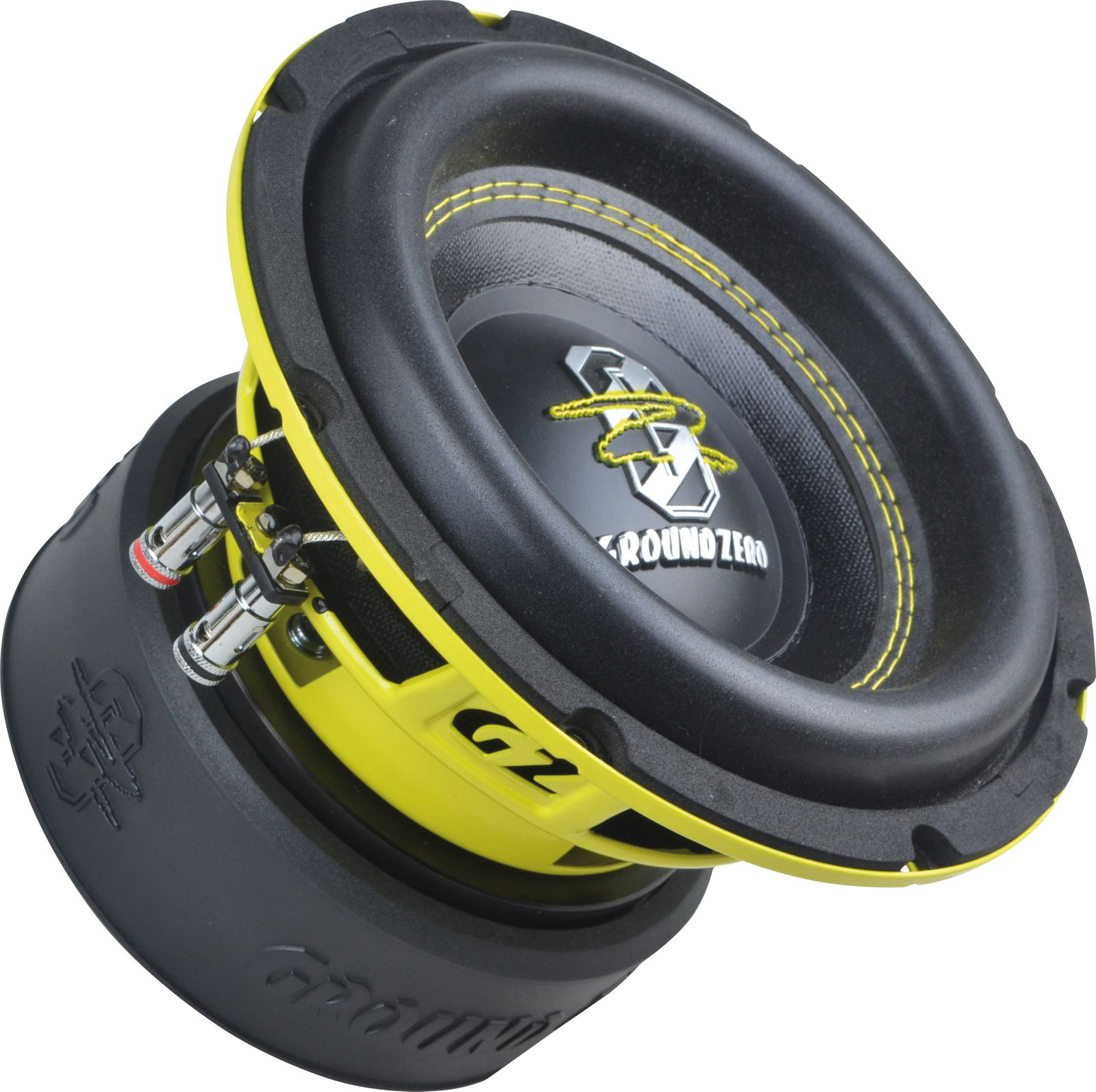 Ein schwarzer und gelber Subwoofer mit Ground Zero Logo und dem Text GZ.