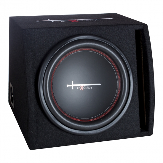Schwarze Subwoofer-Box. Die Front hat einen Lautsprecher und ein Logo mit Schwert.