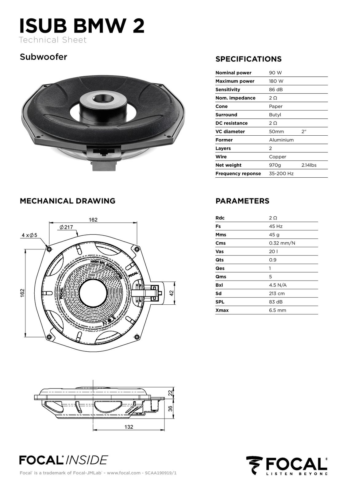 Technisches Datenblatt für einen Subwoofer mit Spezifikationen und Diagrammen. Weißer Hintergrund.