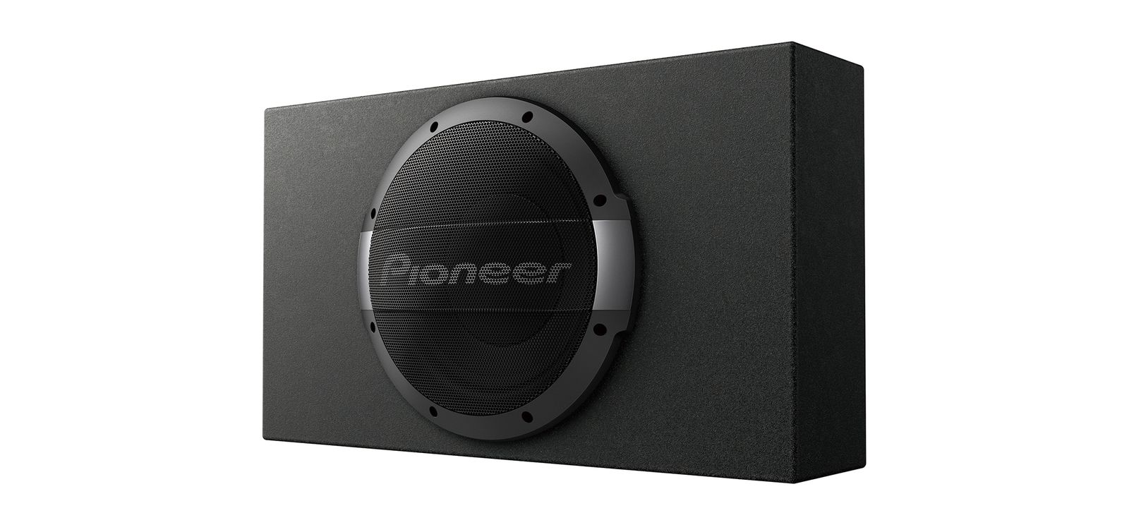 Schwarzer Subwoofer mit Pioneer-Logo auf Gitter.