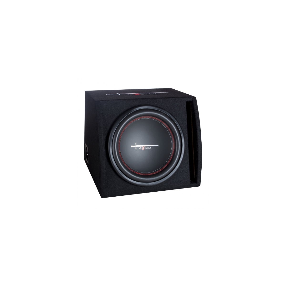 Schwarzer Subwoofer mit rotem Ring und X-Caliber Logo.