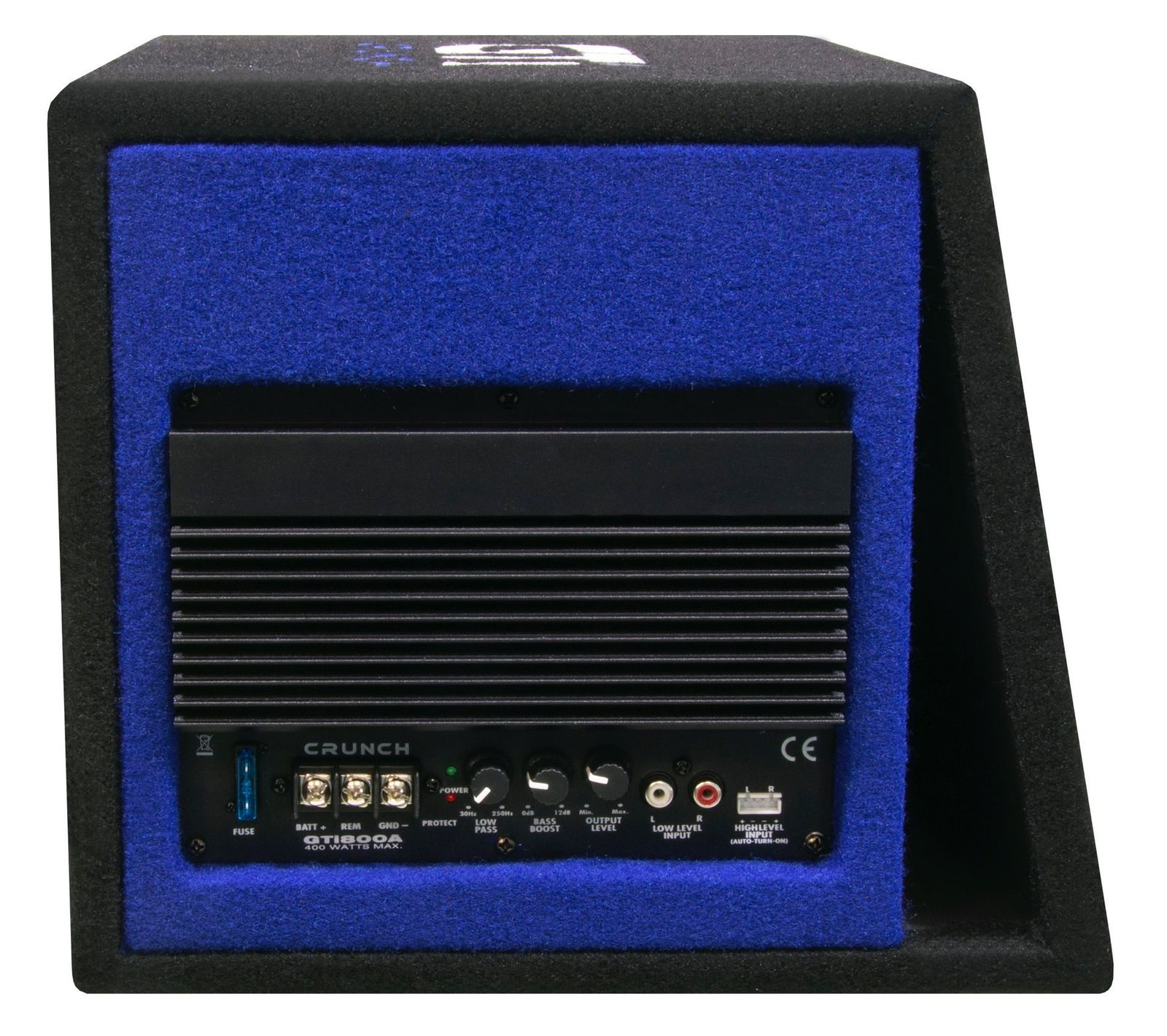 Schwarze Subwoofer-Box mit blauem Innenraum. Bedienelemente und Anschlüsse sind sichtbar.