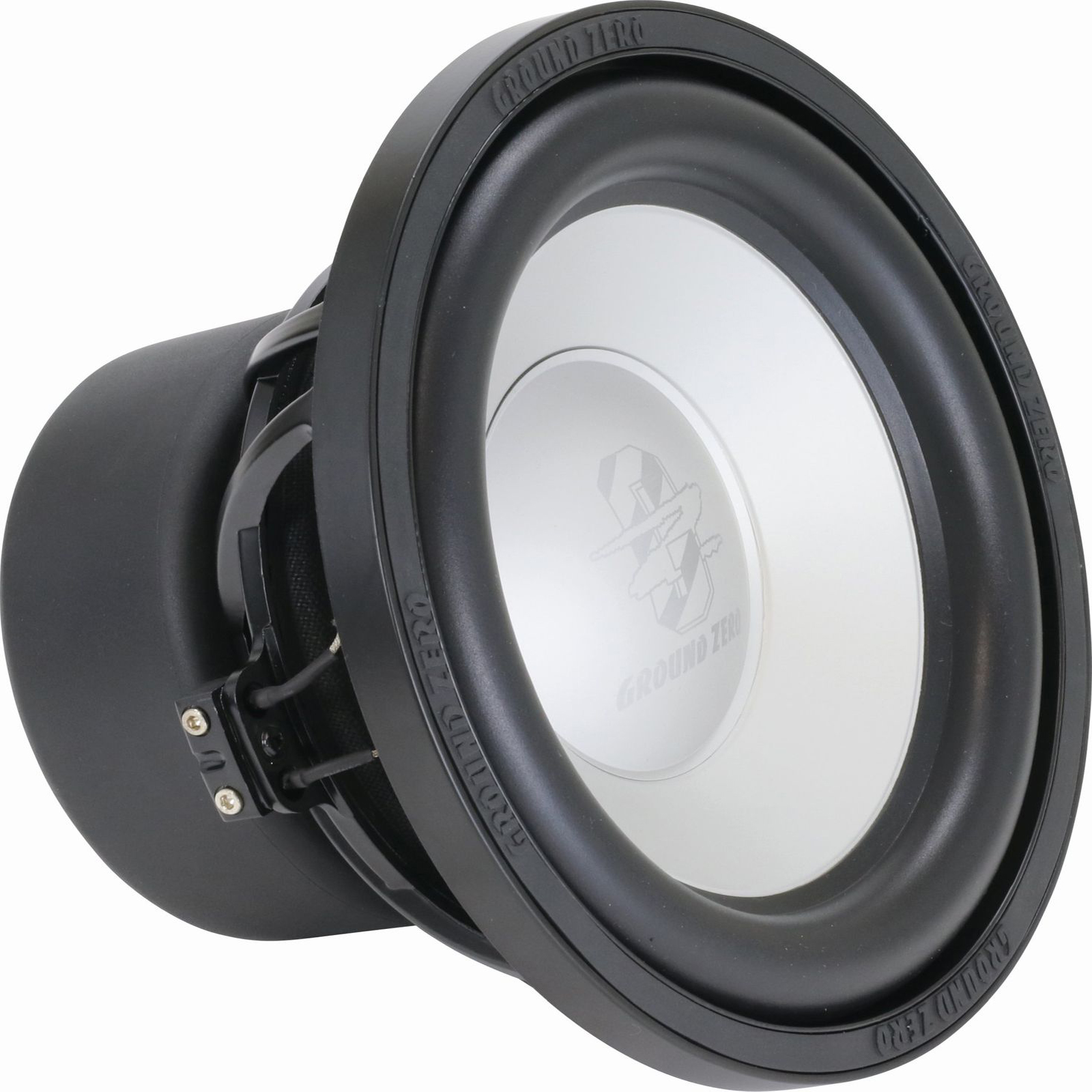 Schwarzer und silberner Subwoofer. Der Lautsprecher ist groß und trägt den Markennamen Ground Zero.