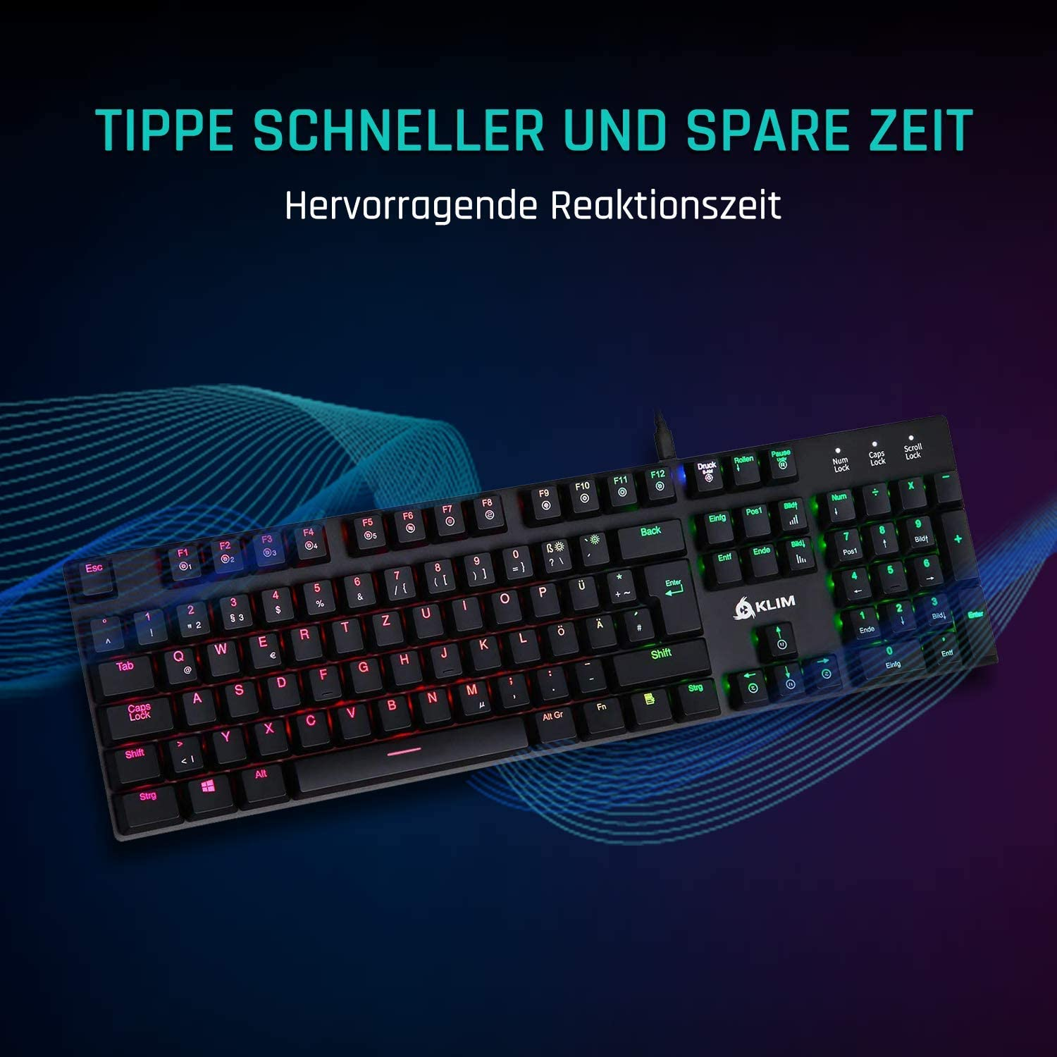 Schwarze Gaming-Tastatur mit farbigen Hintergrundbeleuchtungstasten und Text.