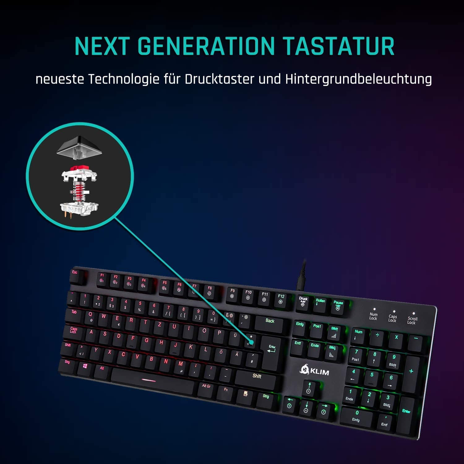 Schwarze Tastatur mit rot/grün beleuchteten Tasten. Ein Diagramm zeigt den Tastenmechanismus.
