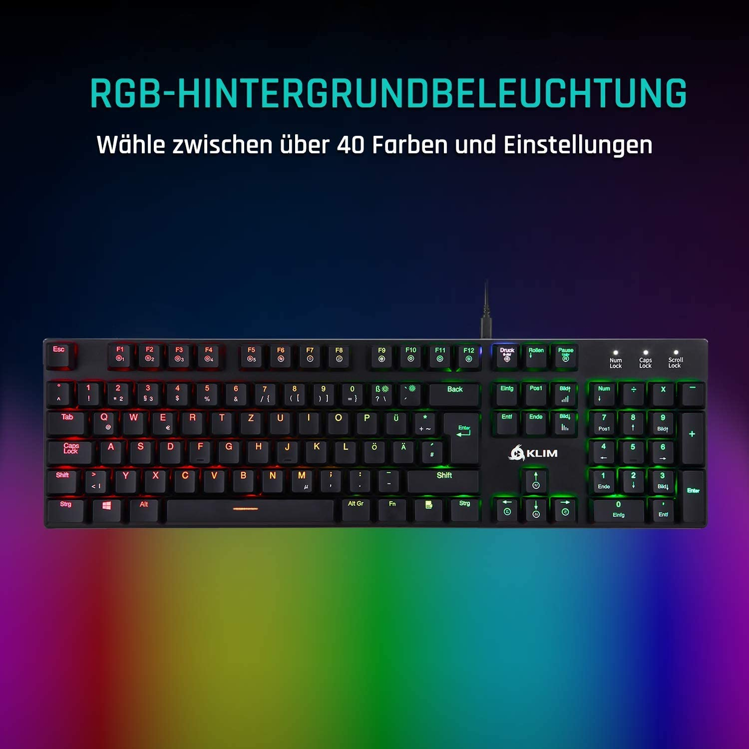 Schwarze Tastatur mit farbenfroher Beleuchtung.