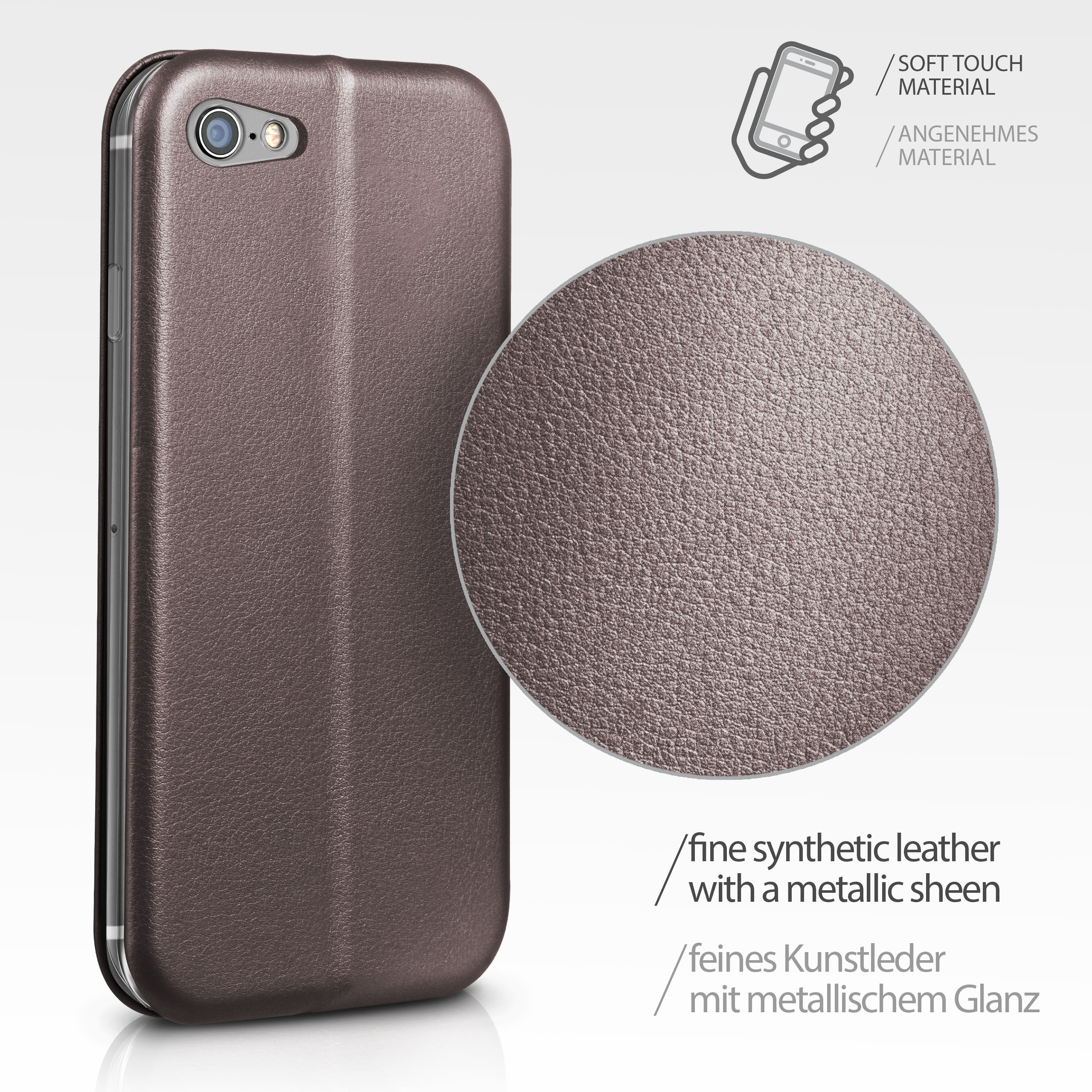 Handyhülle, braunes lederartiges Material, mit Nahaufnahme der Textur.