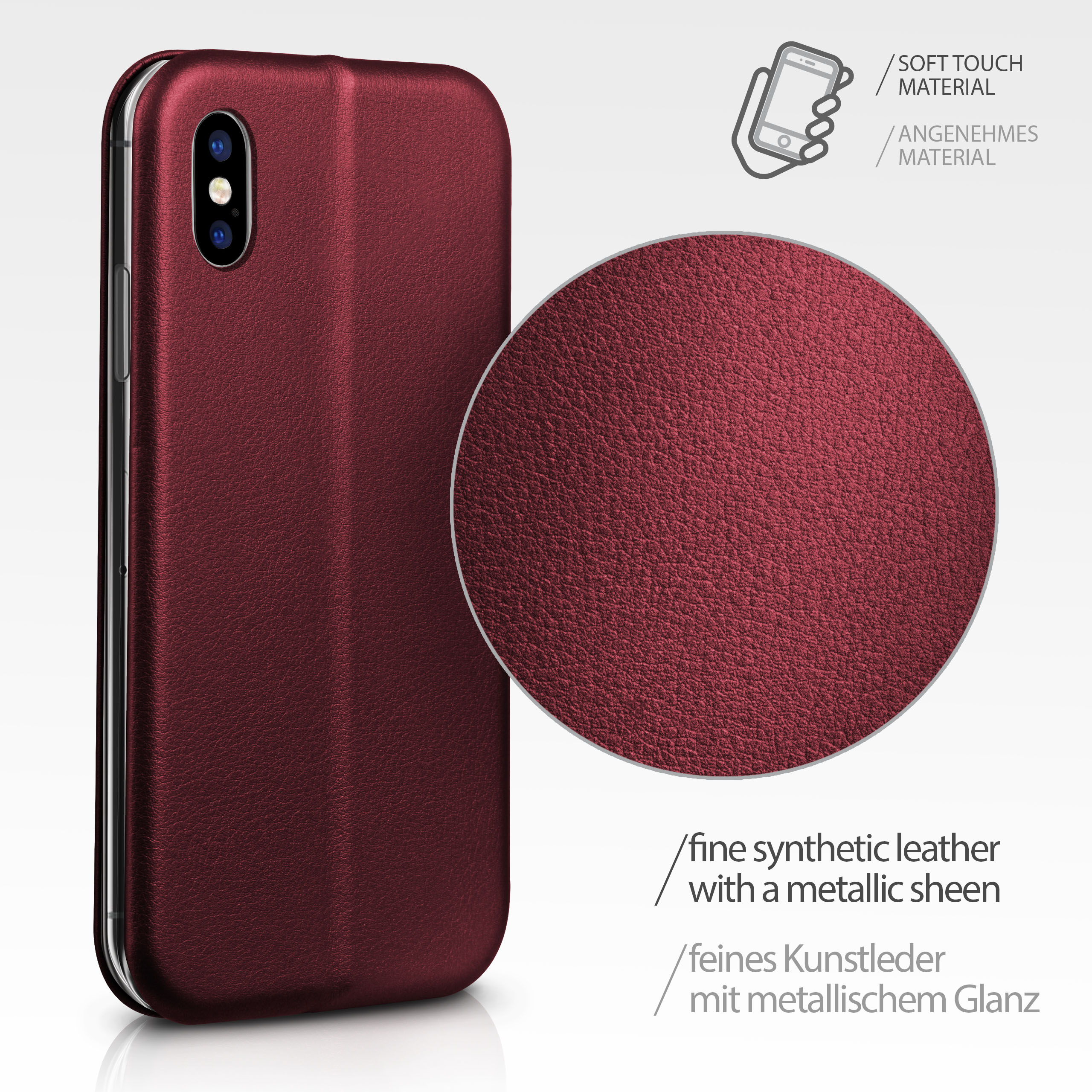 Eine weinrote Handyhülle mit Nahaufnahme des Materials. Es gibt auch Beschreibungen.