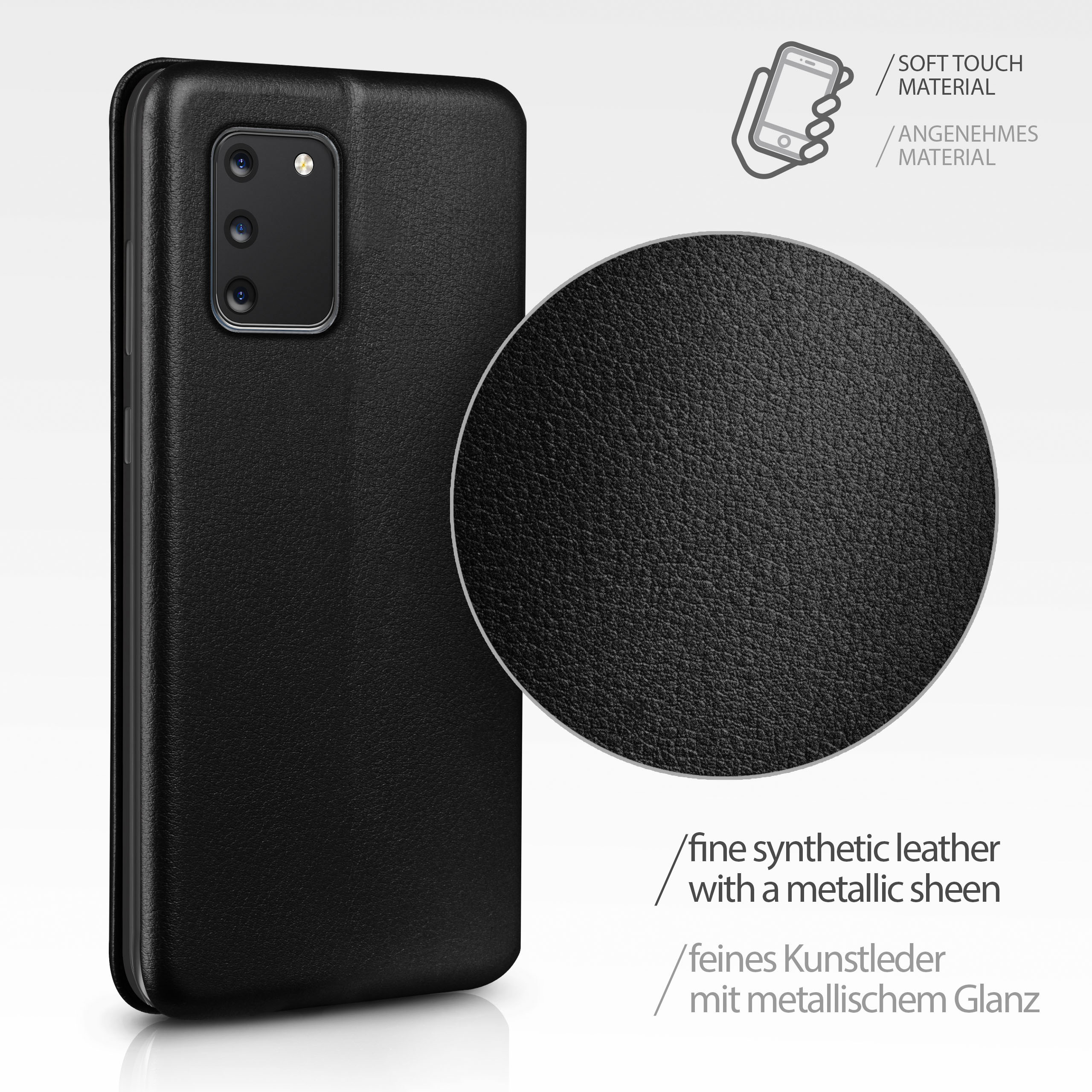 Schwarze Handyhülle mit vergrößerter Textur, zeigt lederartige Oberfläche.