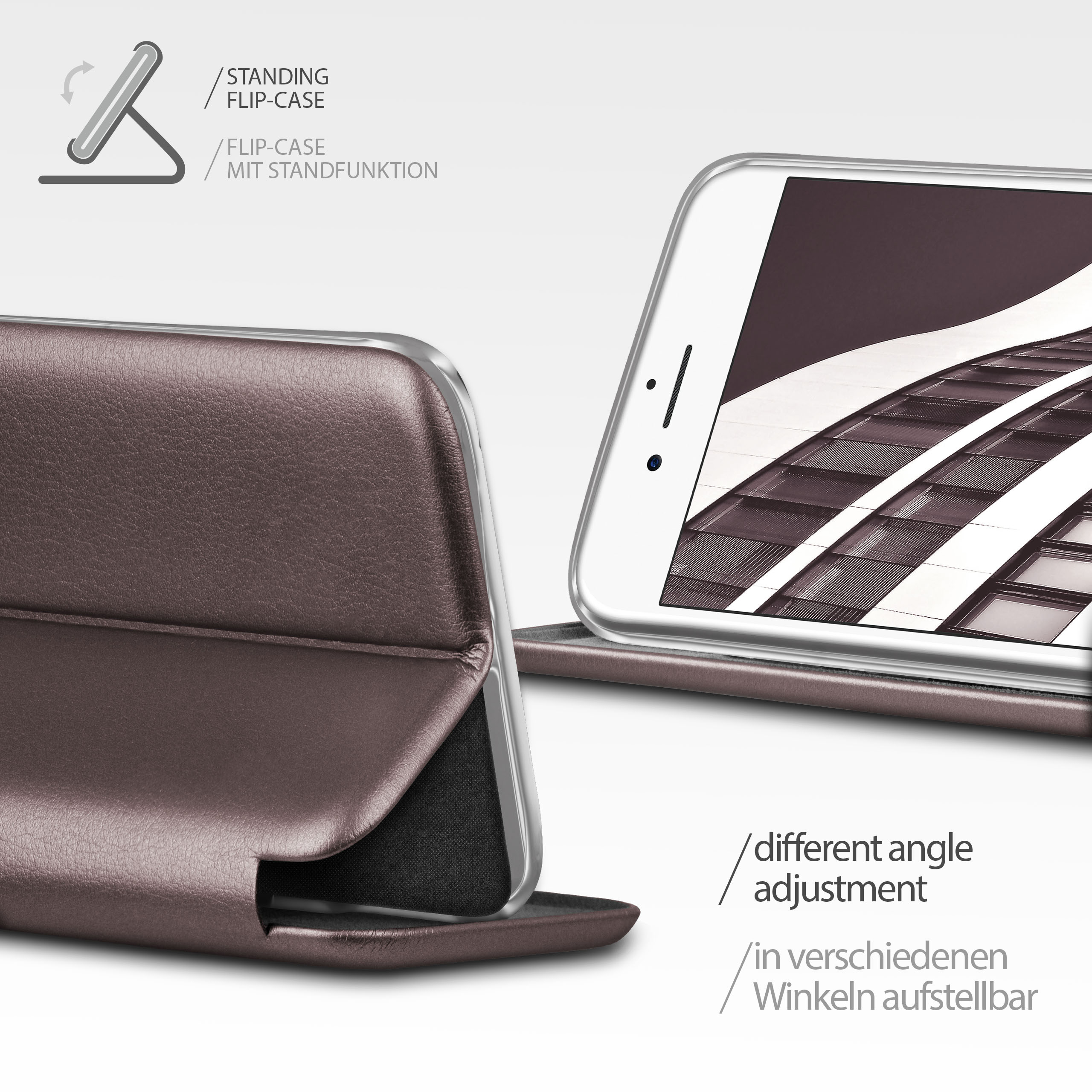 Braune Flip-Case für ein Telefon, mit Text und Telefonanzeige.
