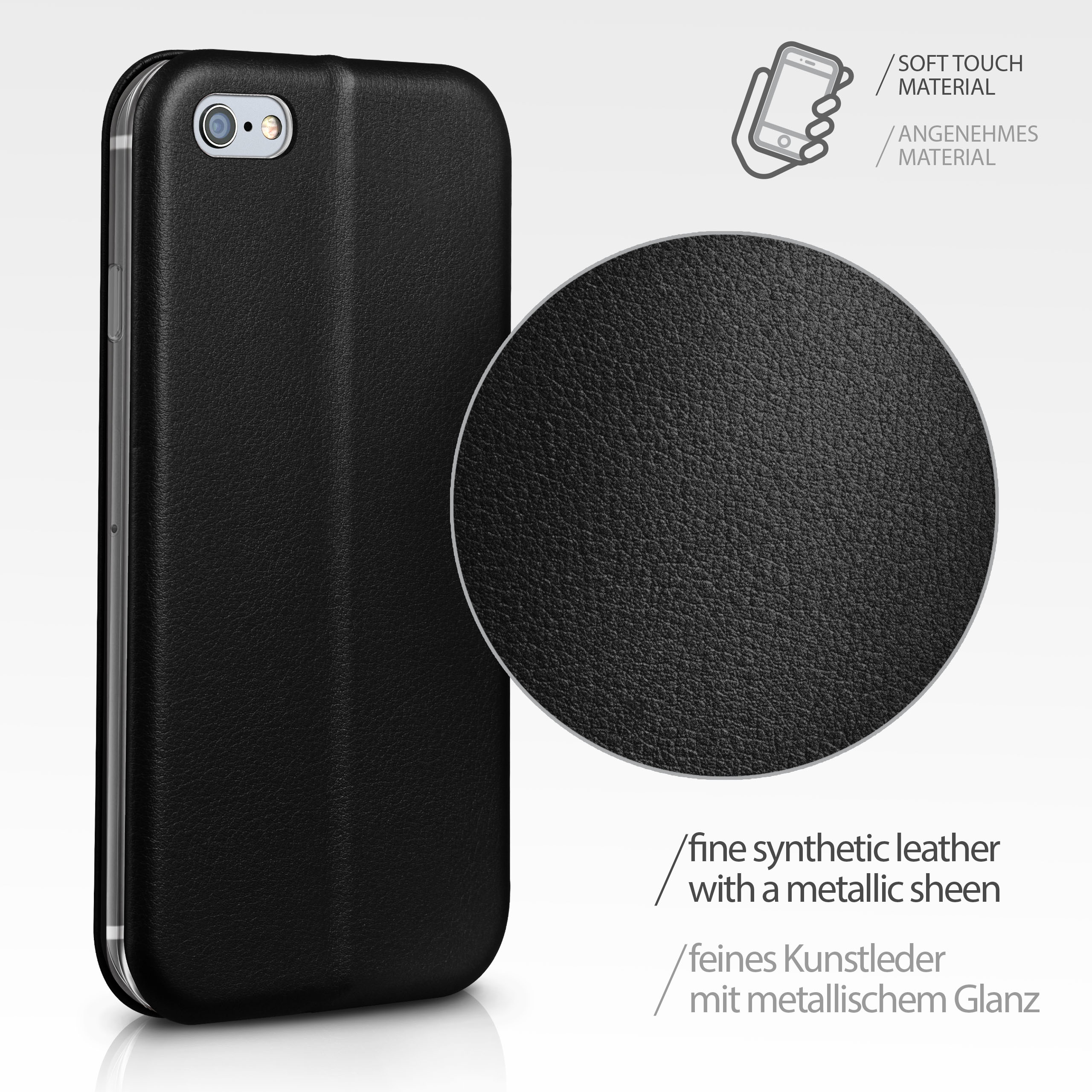 Schwarze Handyhülle mit metallischem Glanz. Mit Handy-Umriss und Textbeschreibungen.