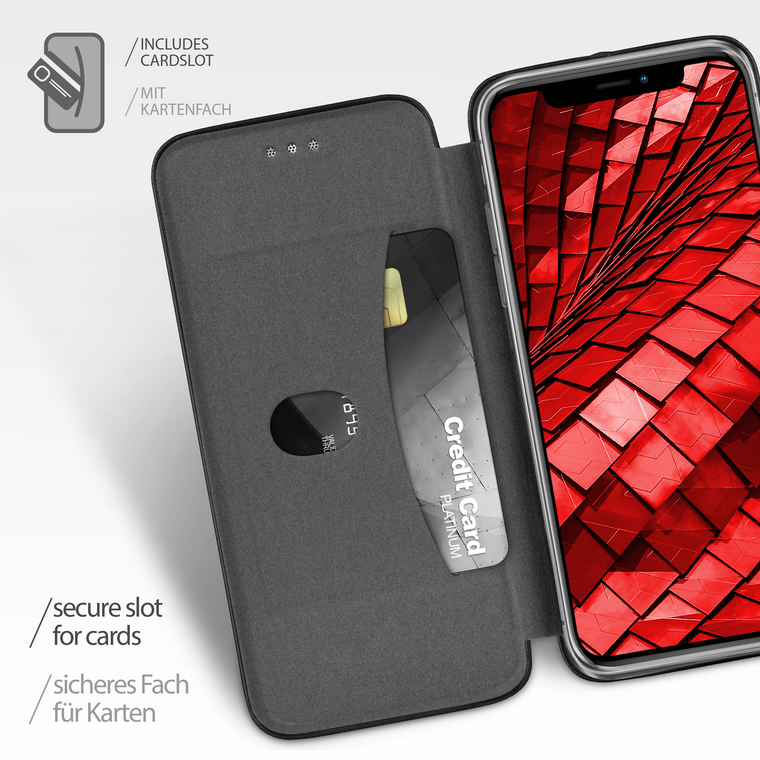 Graue Handyhülle mit Kreditkartenfach und ein Telefon, das ein rotes strukturiertes Muster zeigt.