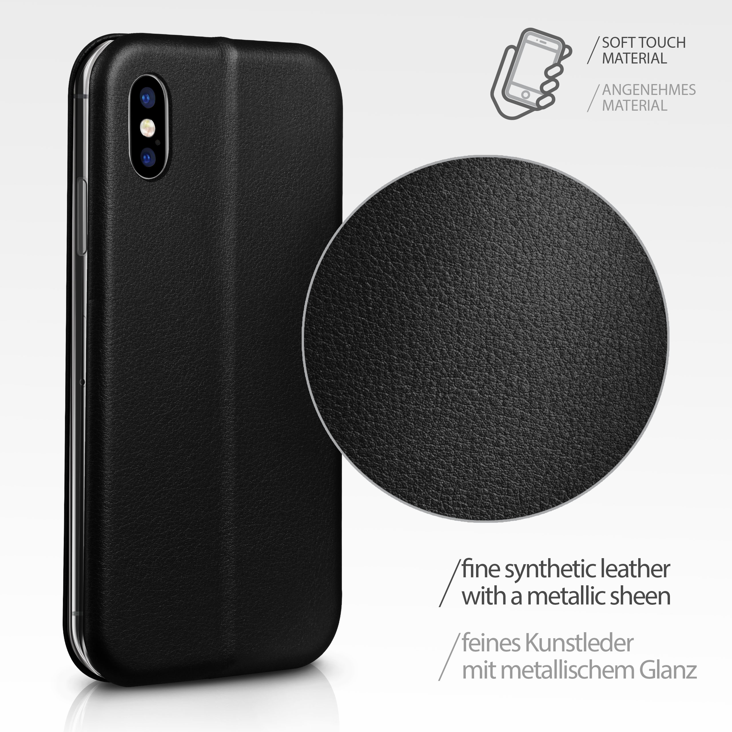 Schwarze Leder-Handyhülle, Nahaufnahme der Lederstruktur.