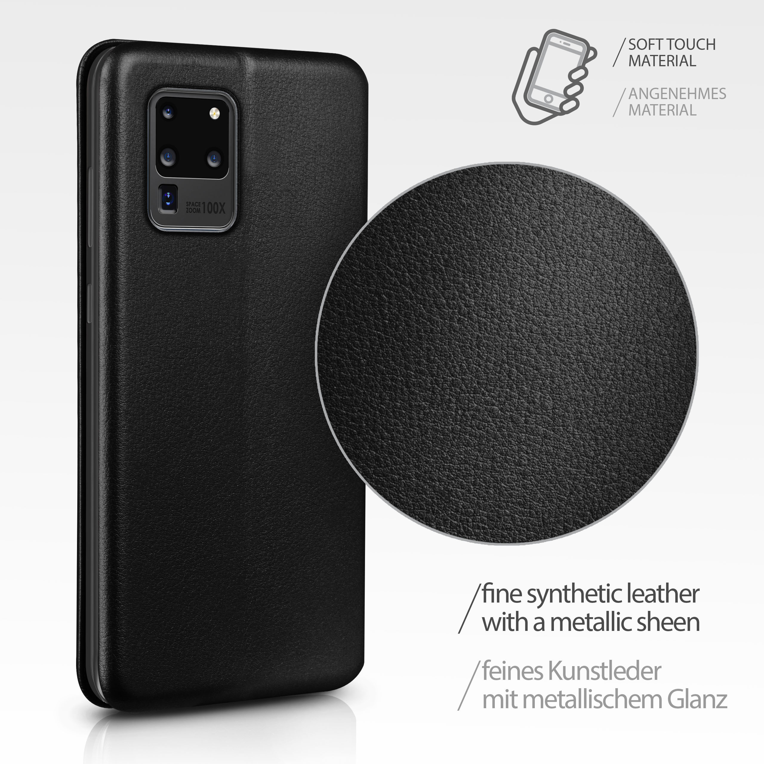 Schwarze Handyhülle mit strukturierter Oberfläche und Nahaufnahme eines Lederdetails.