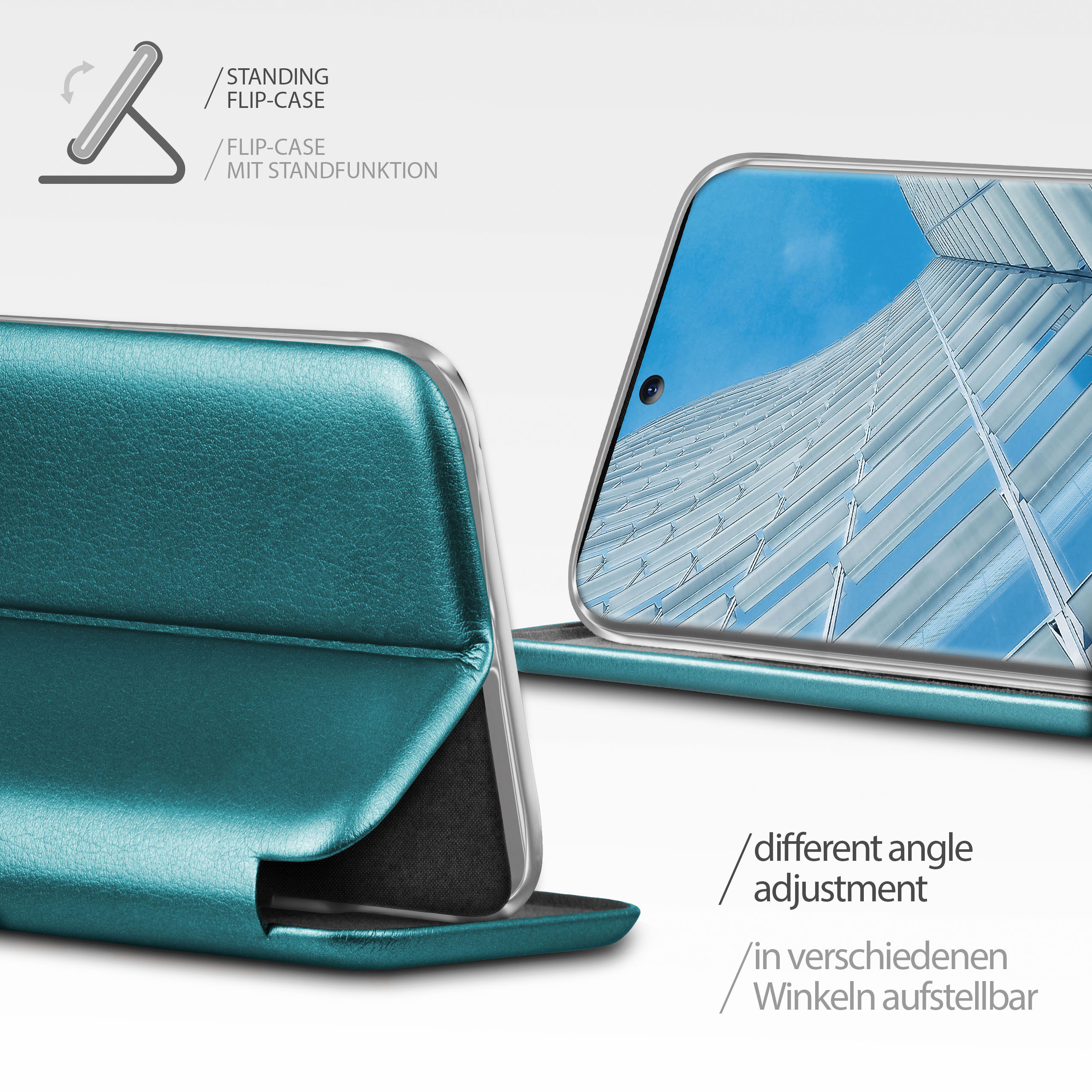 Eine türkisfarbene Handyhülle in stehender Position, mit einem sichtbaren Telefonbildschirm und Text über die Winkeleinstellung.