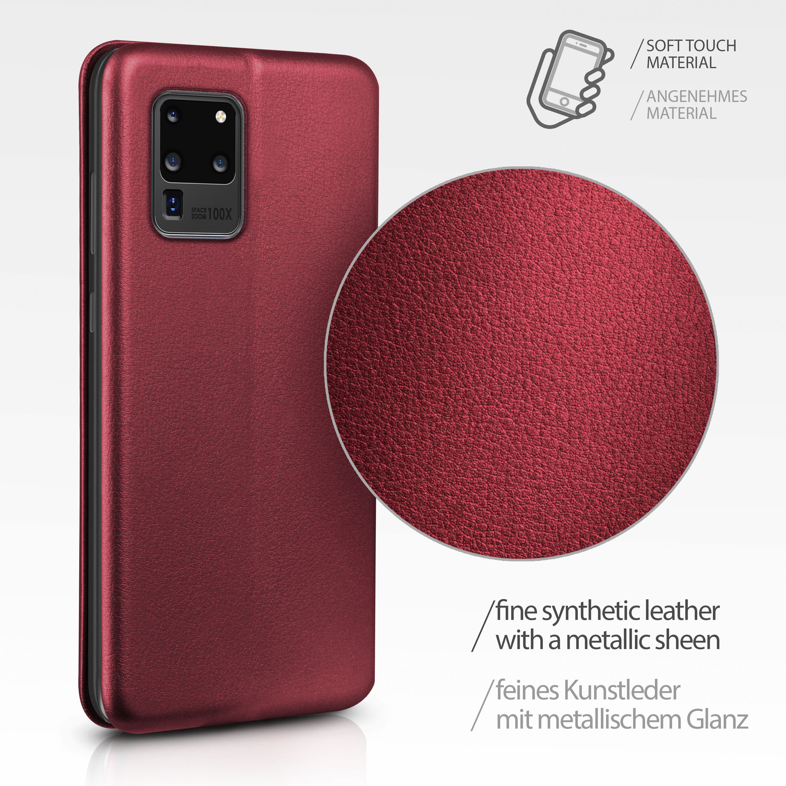 Rote Handyhülle mit Telefon. Die Hülle zeigt eine Nahaufnahme. Text: Soft-Touch-Material und feines Kunstleder.