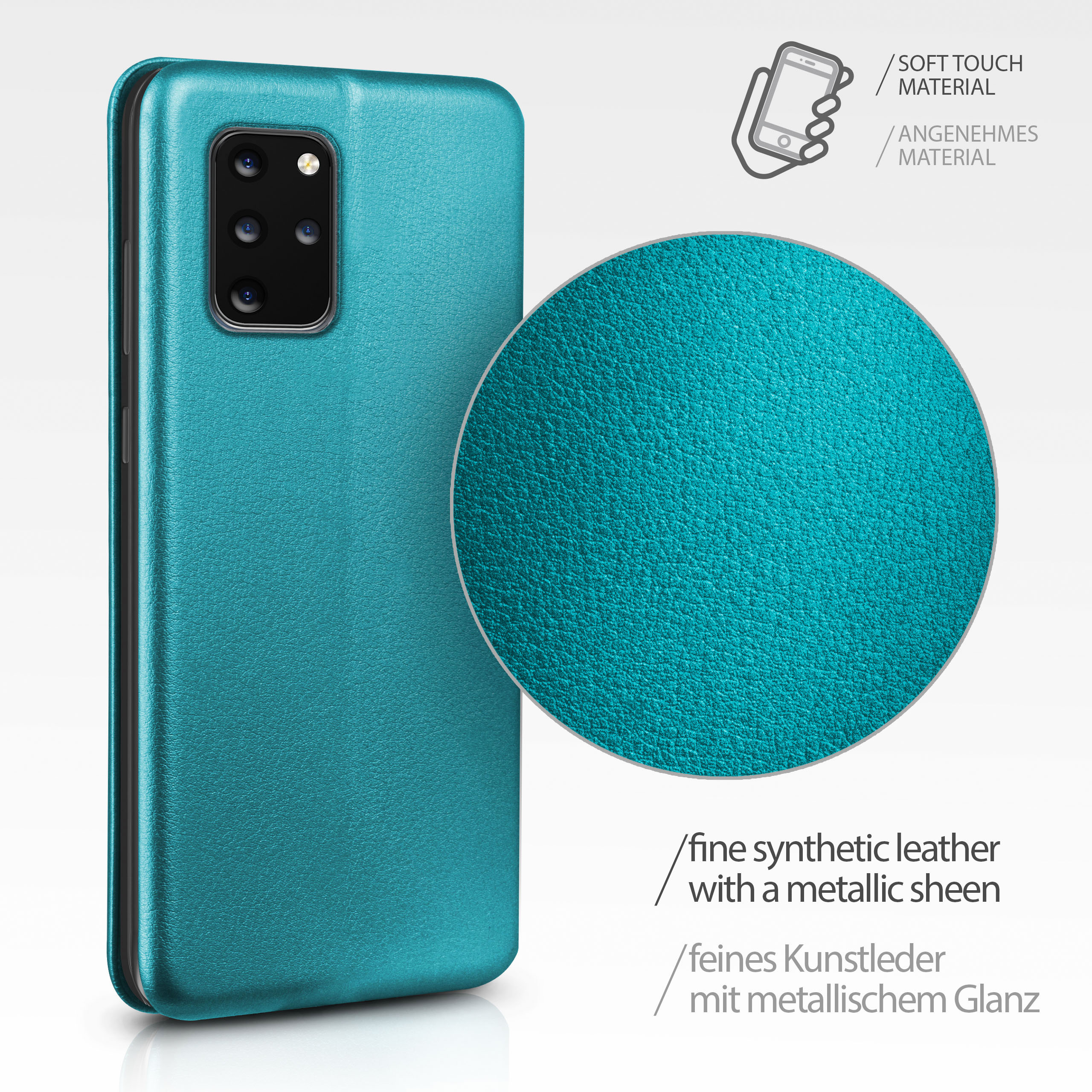 Türkisfarbene Leder-Handyhülle mit Nahaufnahme der Textur und Telefonumriss.