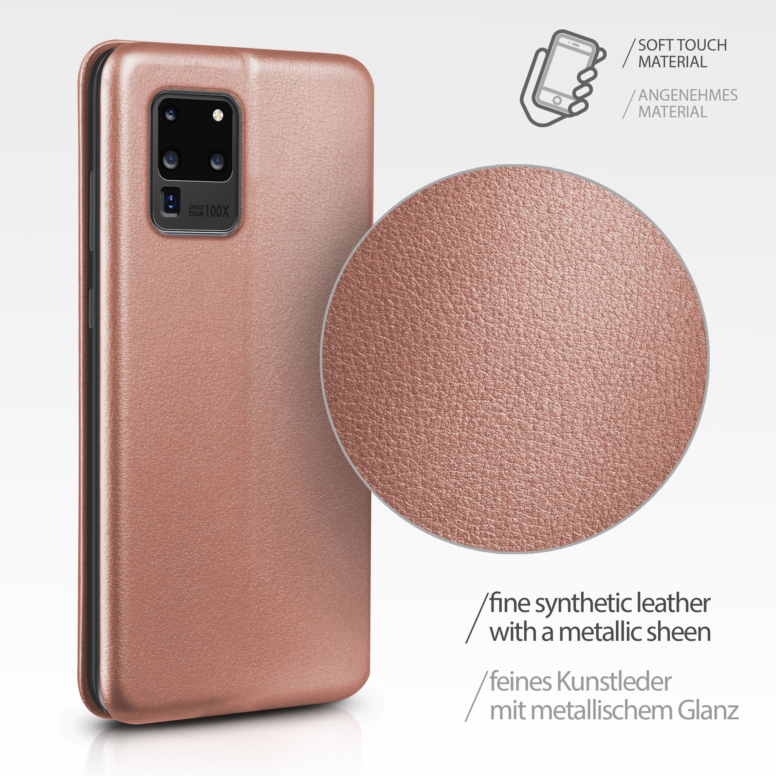 Roségoldfarbene Handyhülle mit Ledertextur, Nahaufnahme des Materials wird gezeigt.