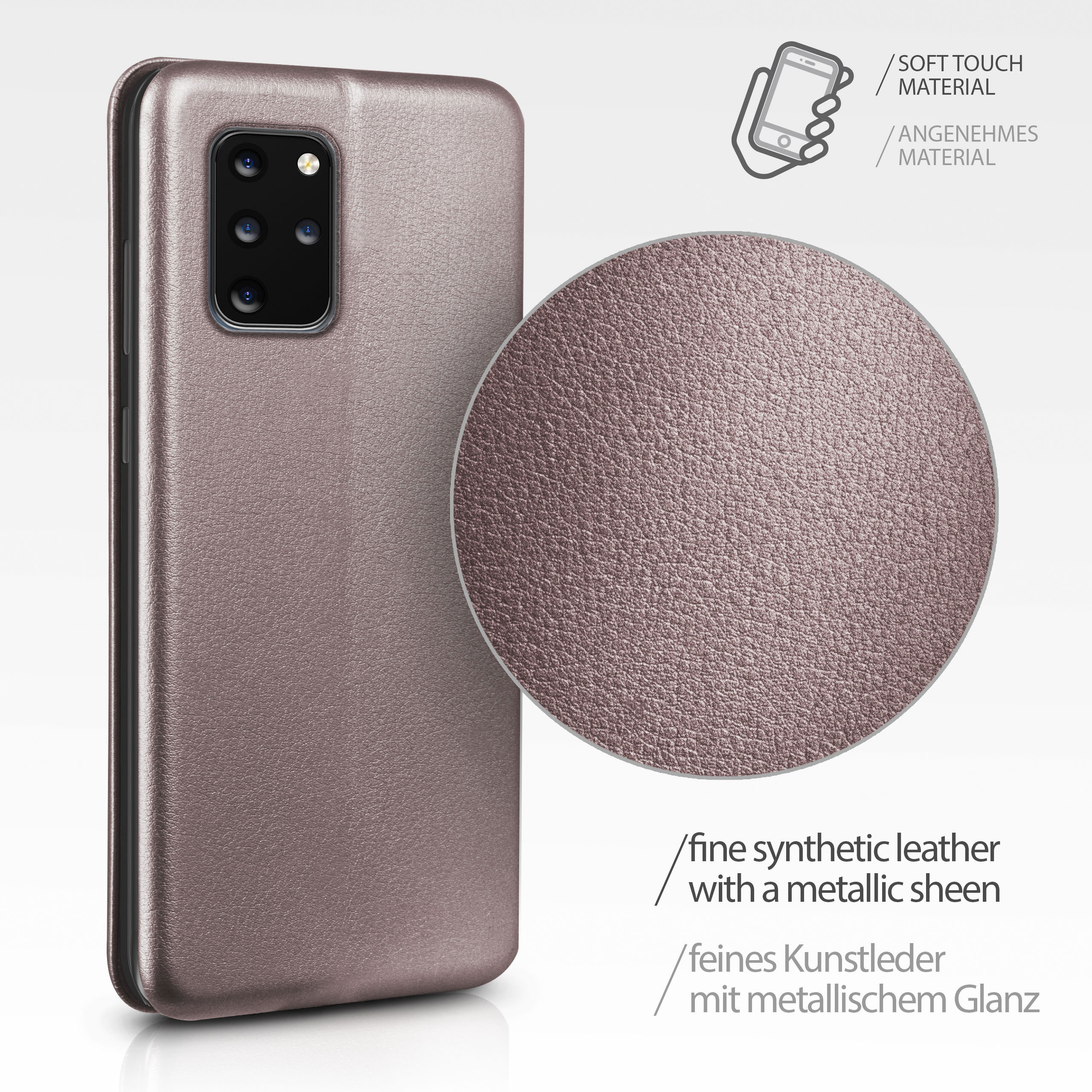 Eine rosafarbene Handyhülle und ein kreisförmiges Detail mit metallischem Glanz.