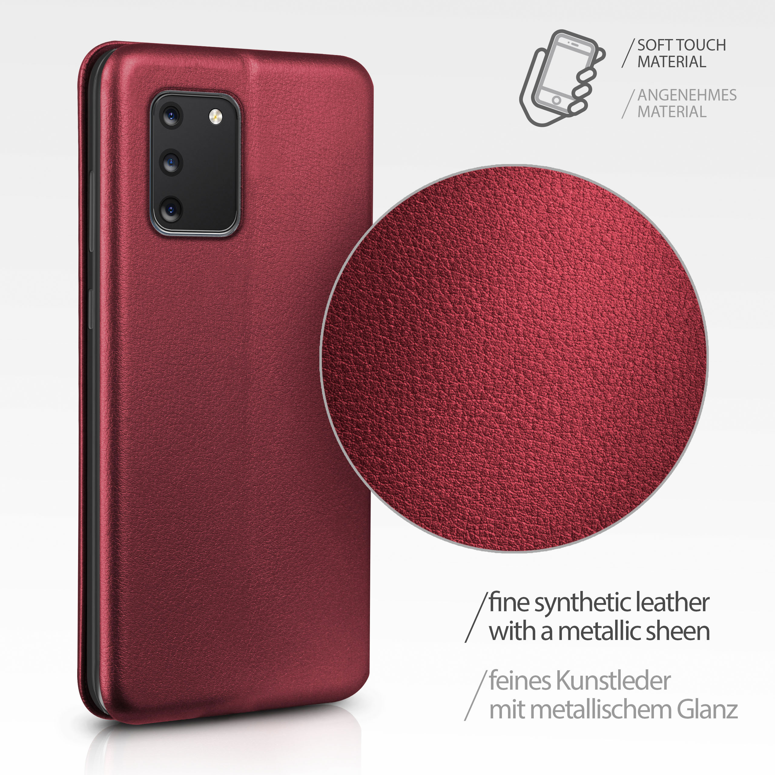 Rote Handyhülle mit Metallic-Glanz und Nahaufnahme der Textur.