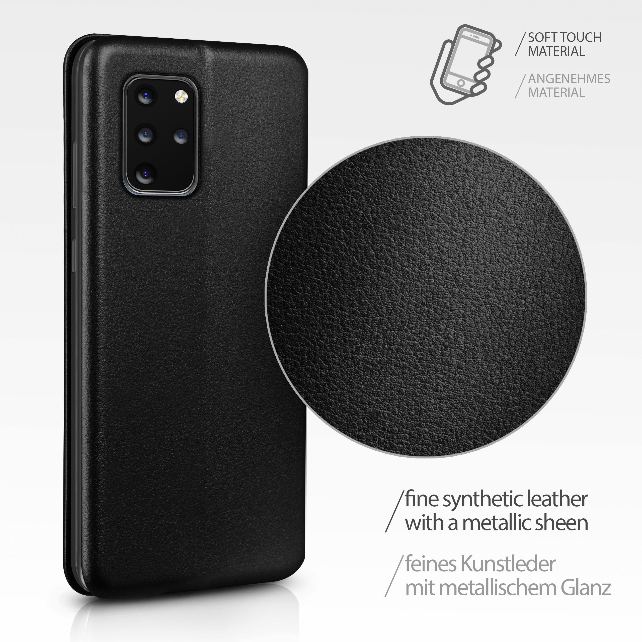 Schwarze Handyhülle mit detaillierter Nahaufnahme der Lederstruktur. Weißer Hintergrund.