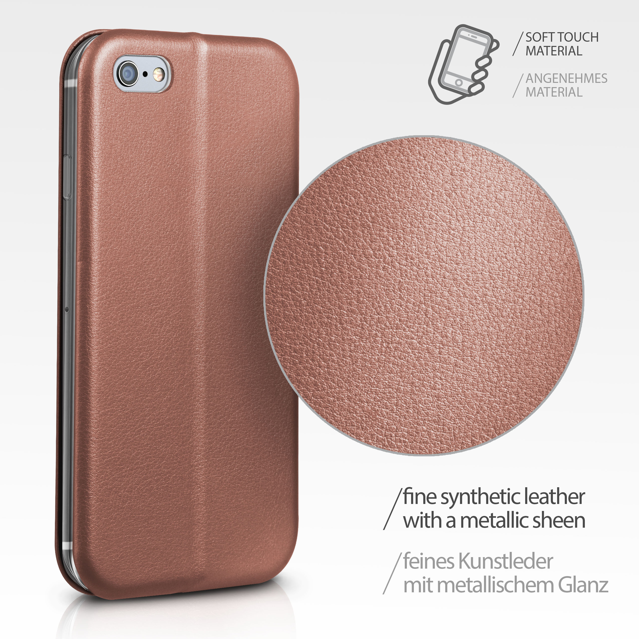 Eine braune Handyhülle mit Lederstruktur und kreisförmigem Detail.