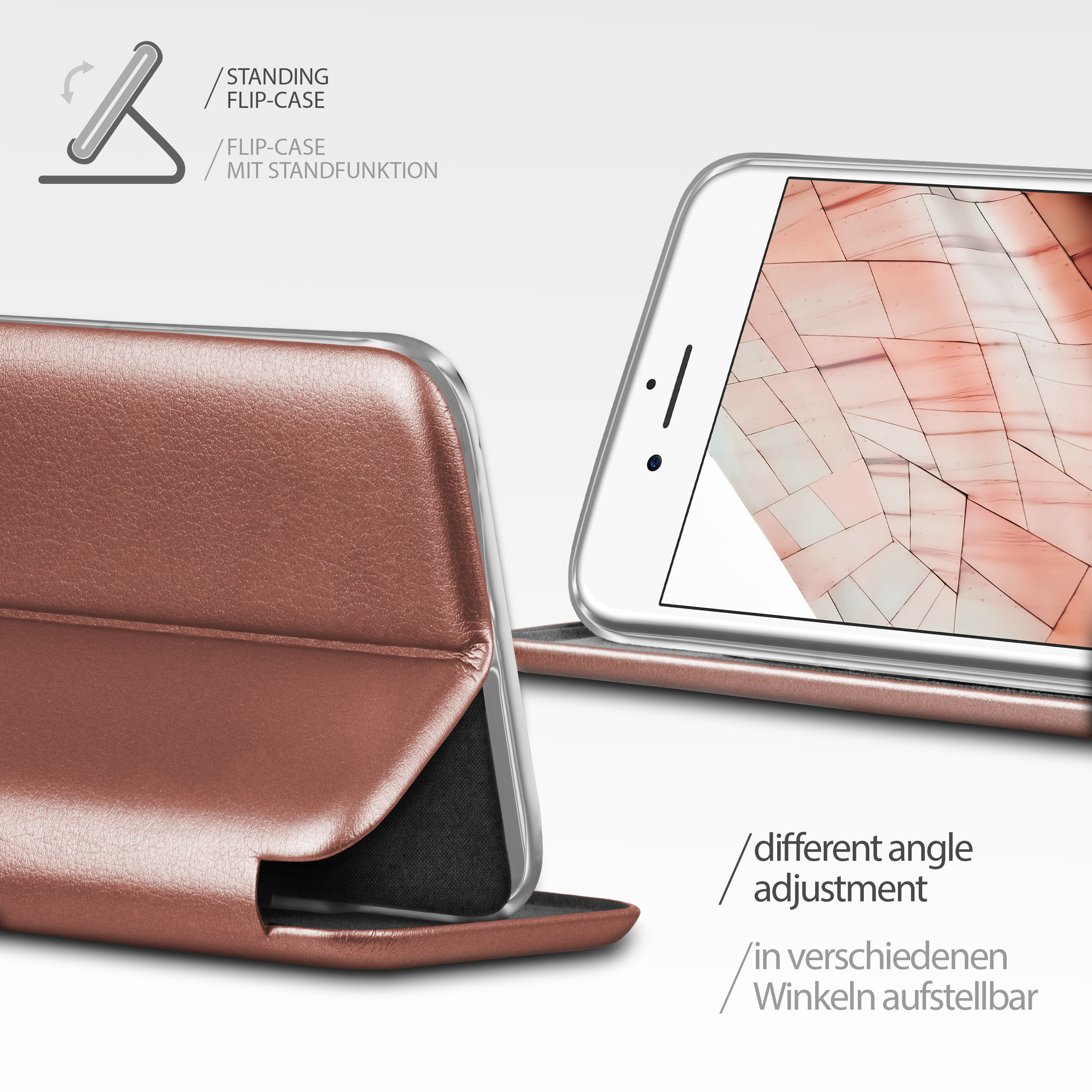 Handyhülle in Rosé, Telefon sichtbar. Deutscher Text zur Funktion der Hülle.
