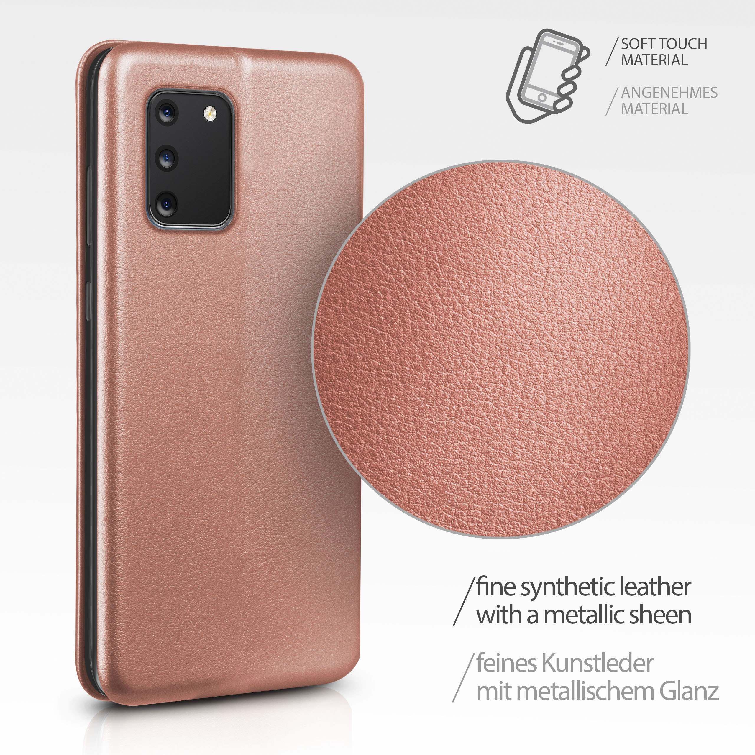Roségoldenes Handy-Etui mit kreisförmigem Detail. Details zeigen feines Kunstleder und metallischen Glanz. Weißer HG.