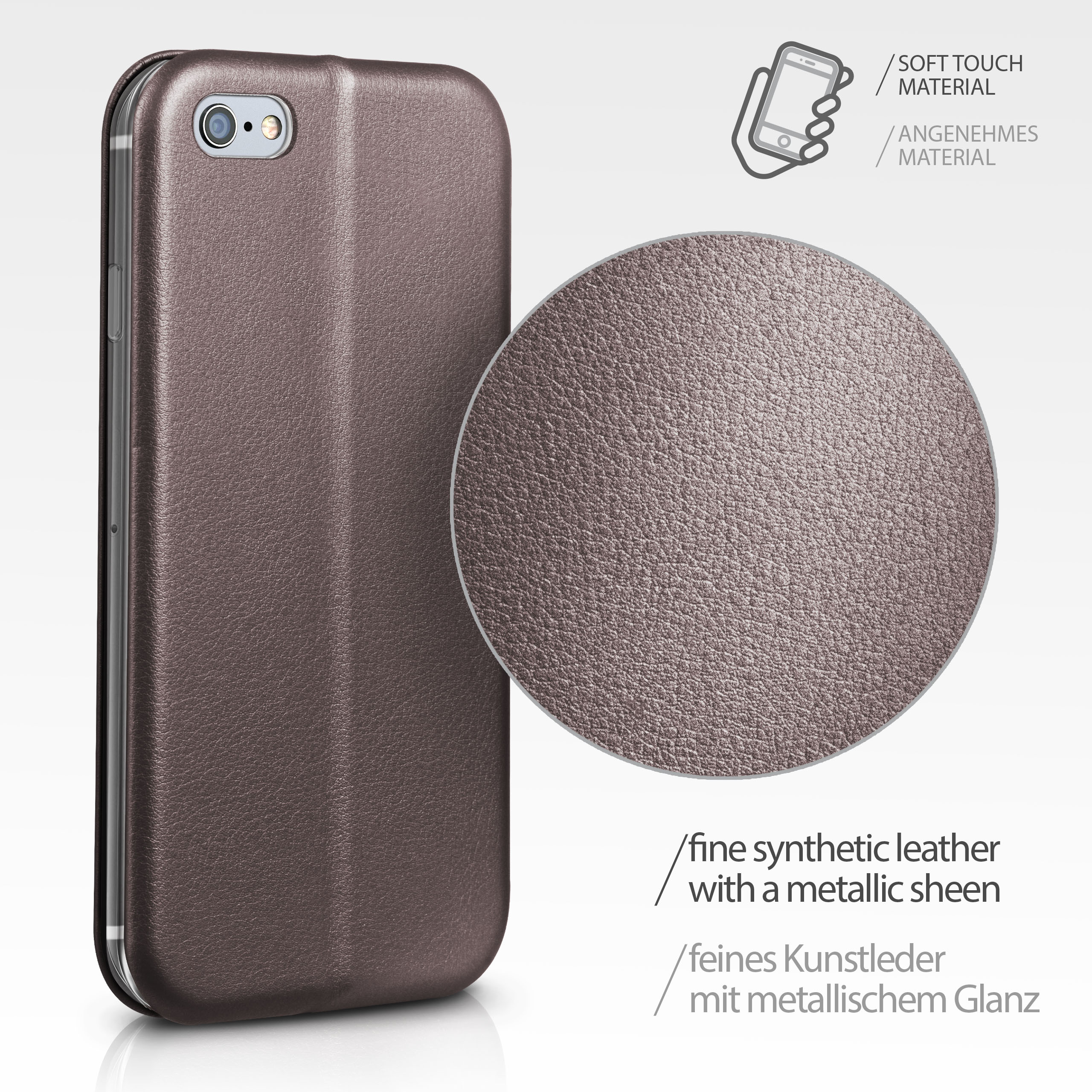 Eine Handyhülle mit metallischem Glanz und eine Nahaufnahme des Materials.